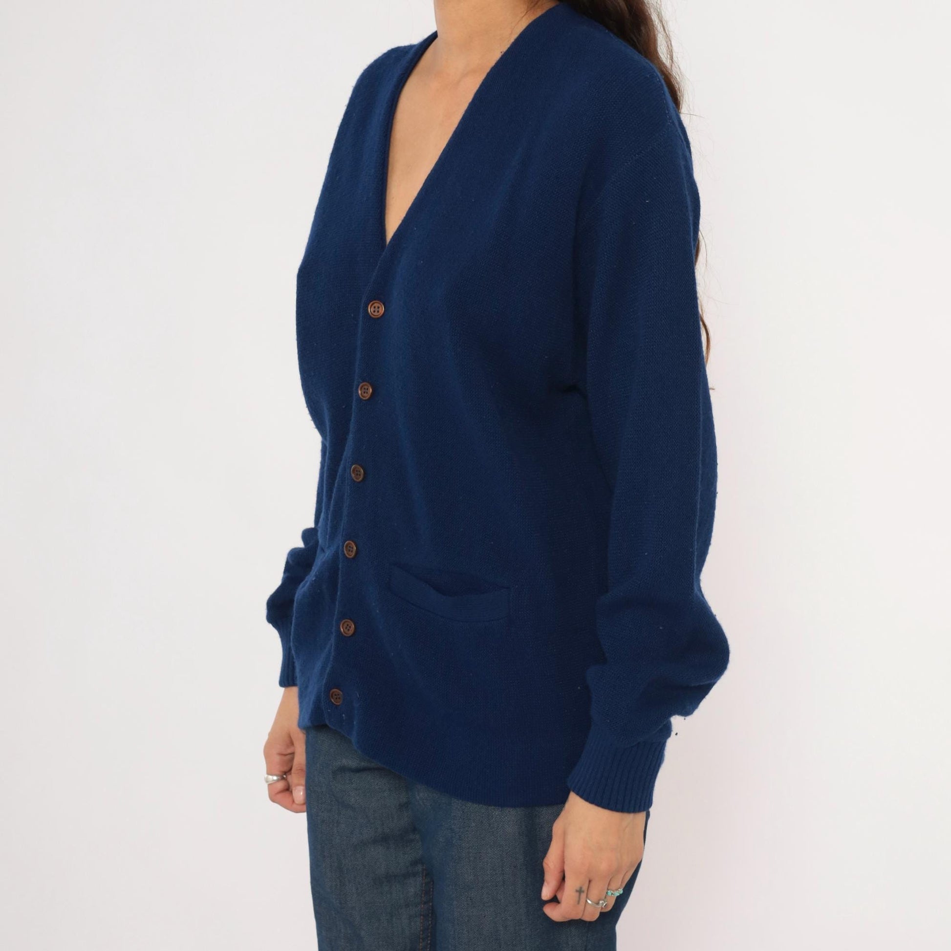 70s Navy Button Front Cardigan V Neck Patch Pocket Knit Small