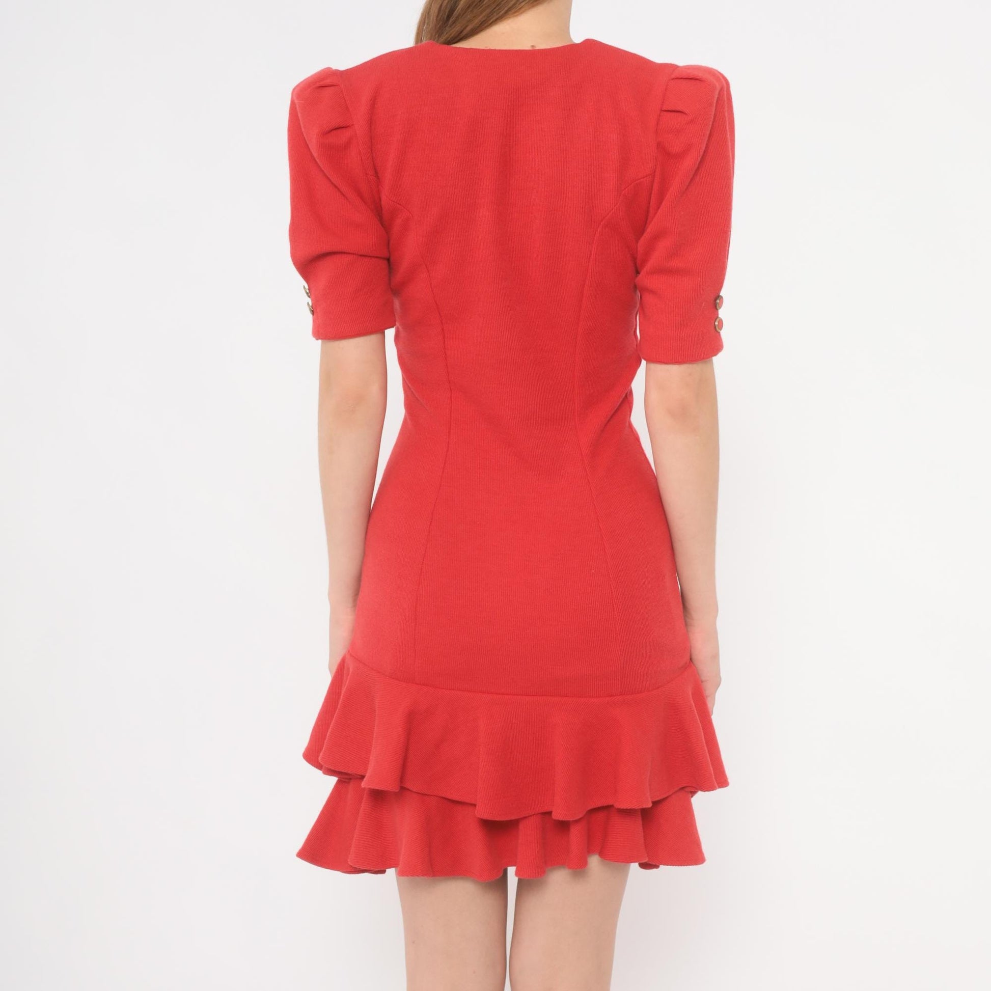80s All That Jazz Red Mini Dress Double Breasted Puff Sleeve V Neck Gold Ruffle Extra Small XS