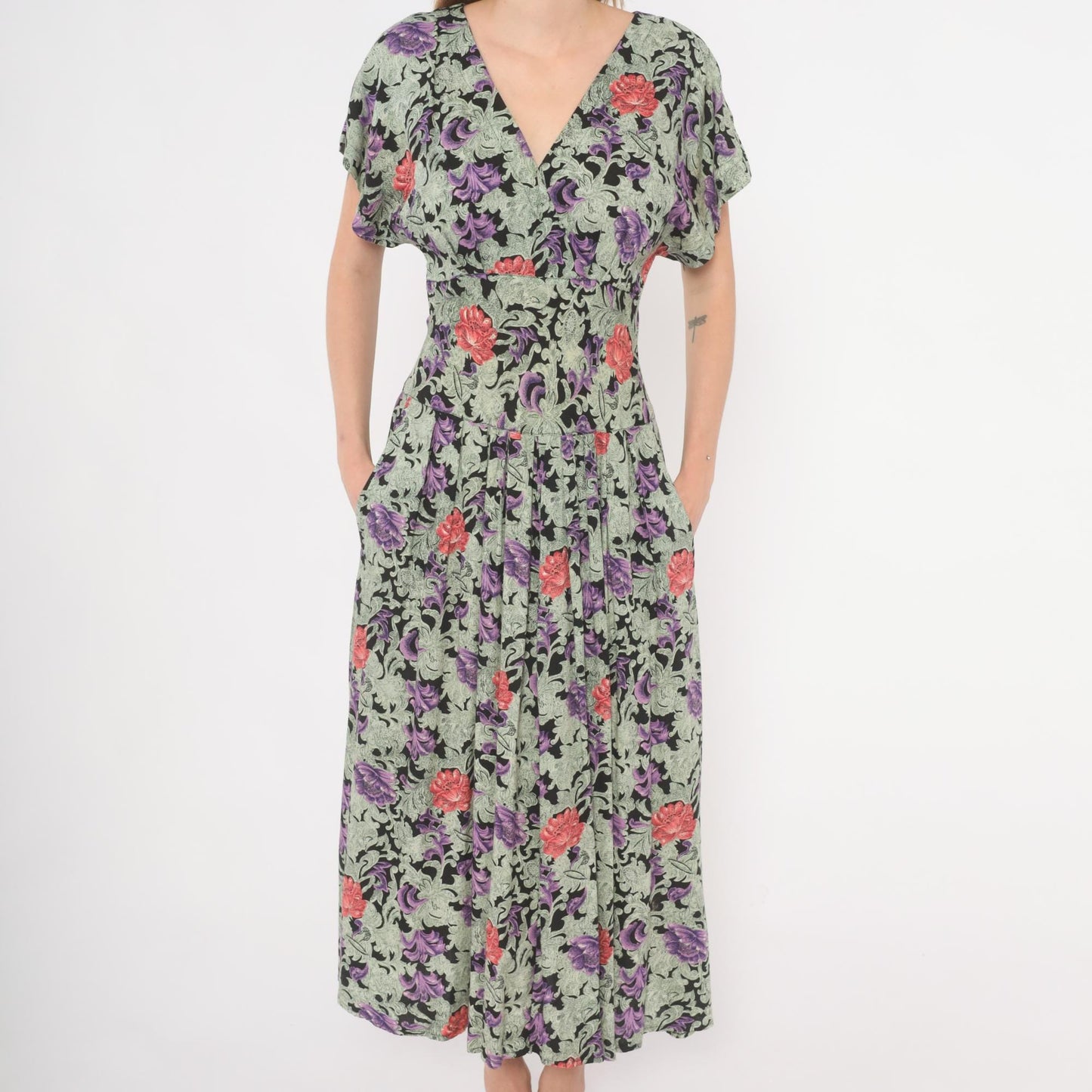 90s All That Jazz Floral Maxi Dress Purple Black Surplice V-Neck Medium M