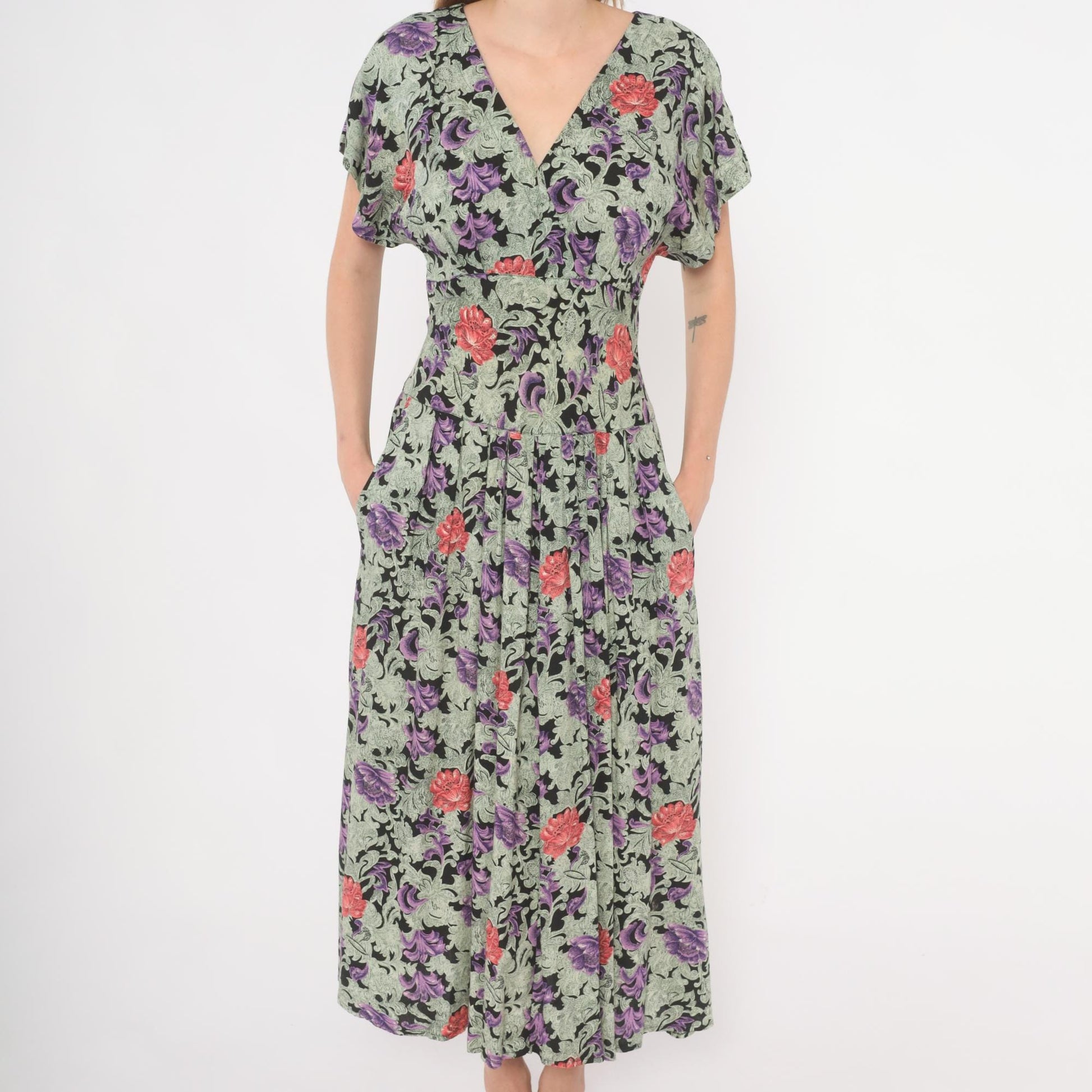90s All That Jazz Floral Maxi Dress Purple Black Surplice V-Neck Medium M