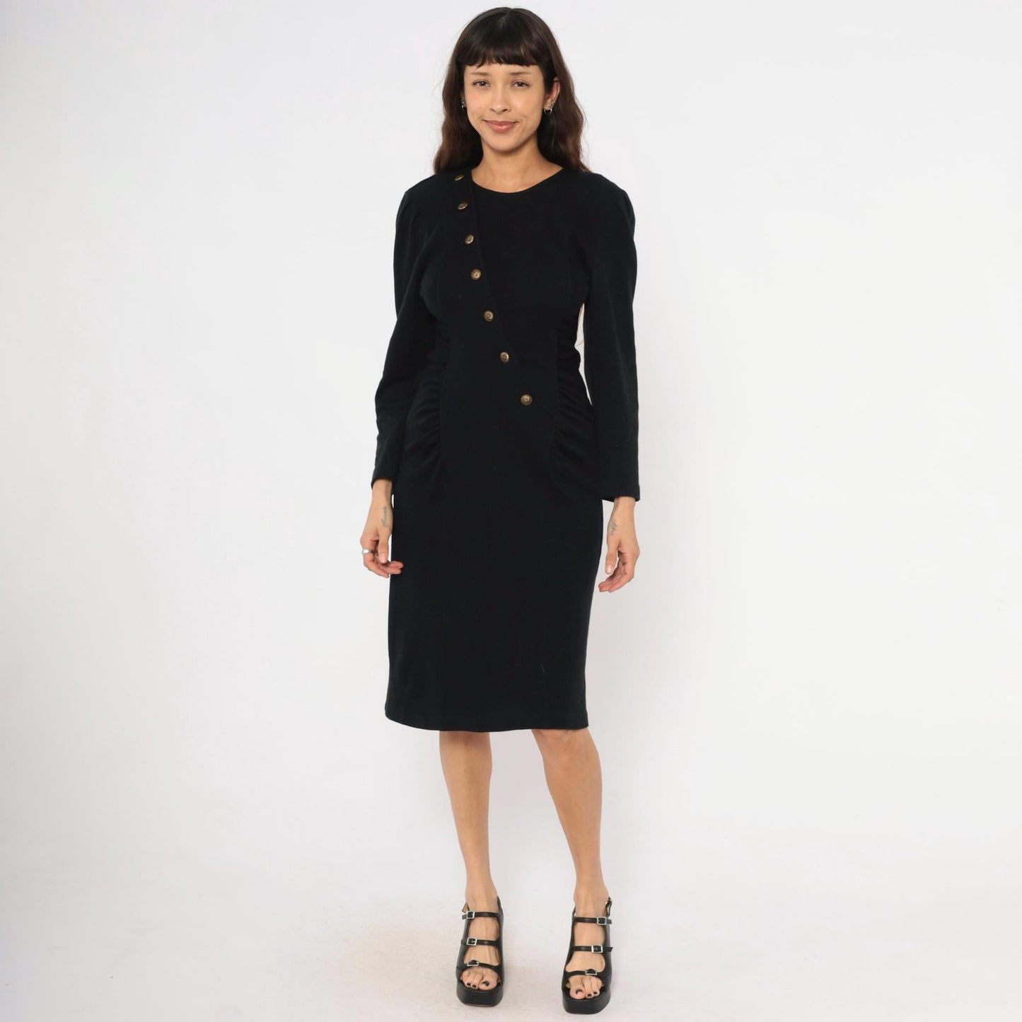 80s All That Jazz Black Puff Sleeve Dress Gold Buttons Ruched Waist Small S