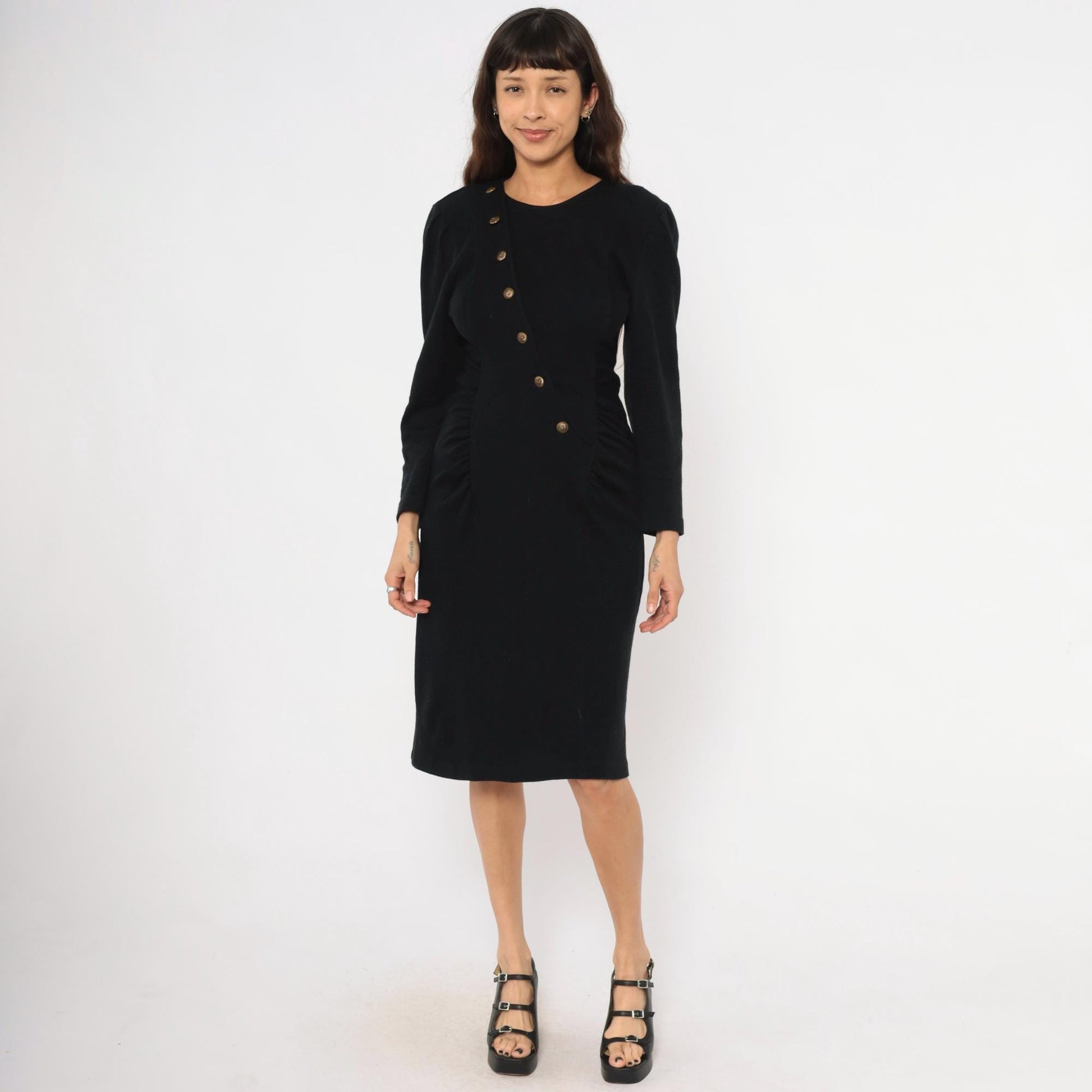 80s All That Jazz Black Puff Sleeve Dress Gold Buttons Ruched Waist Small S