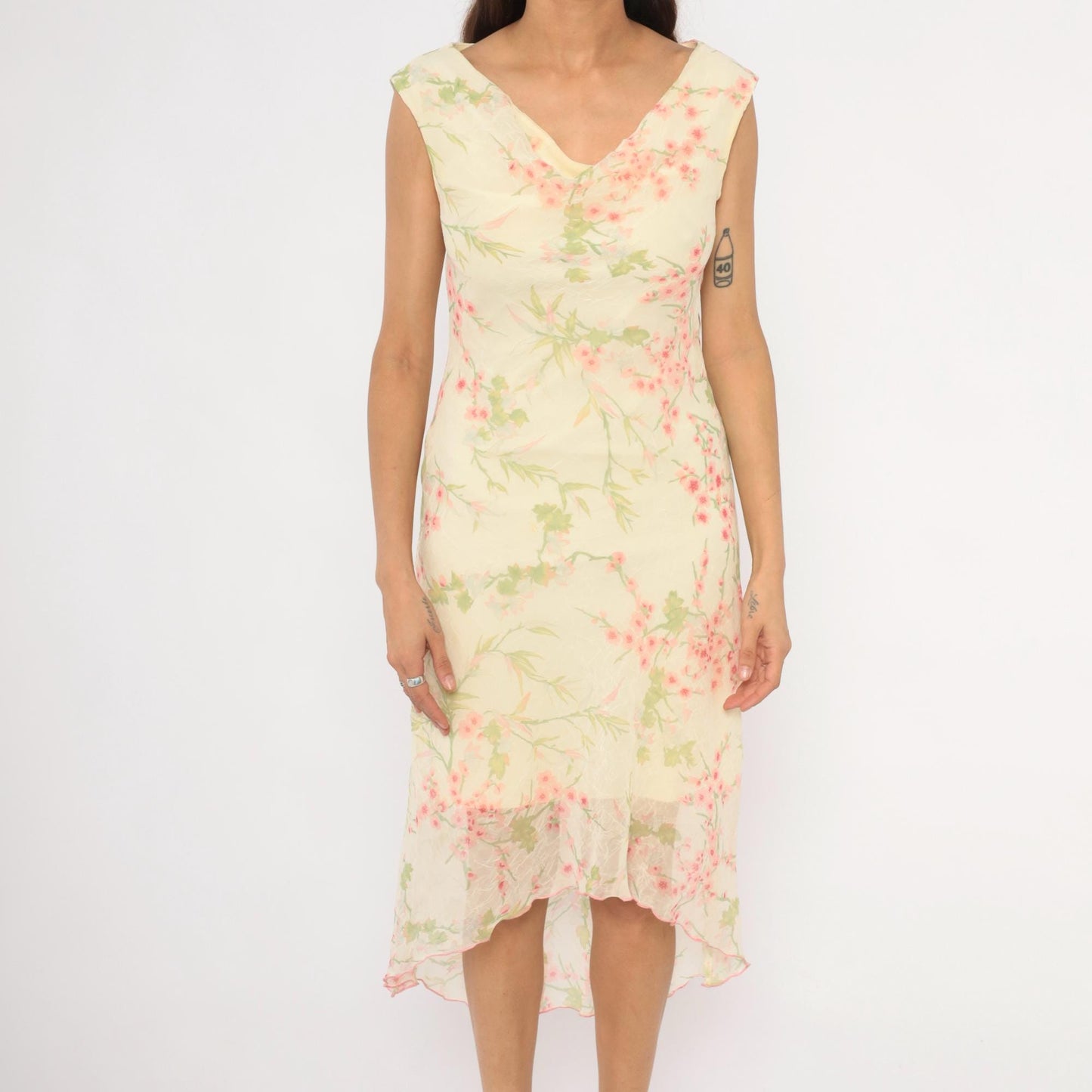 90s City Triangles Cherry Blossom Chiffon Dress Pink Cream Medium M