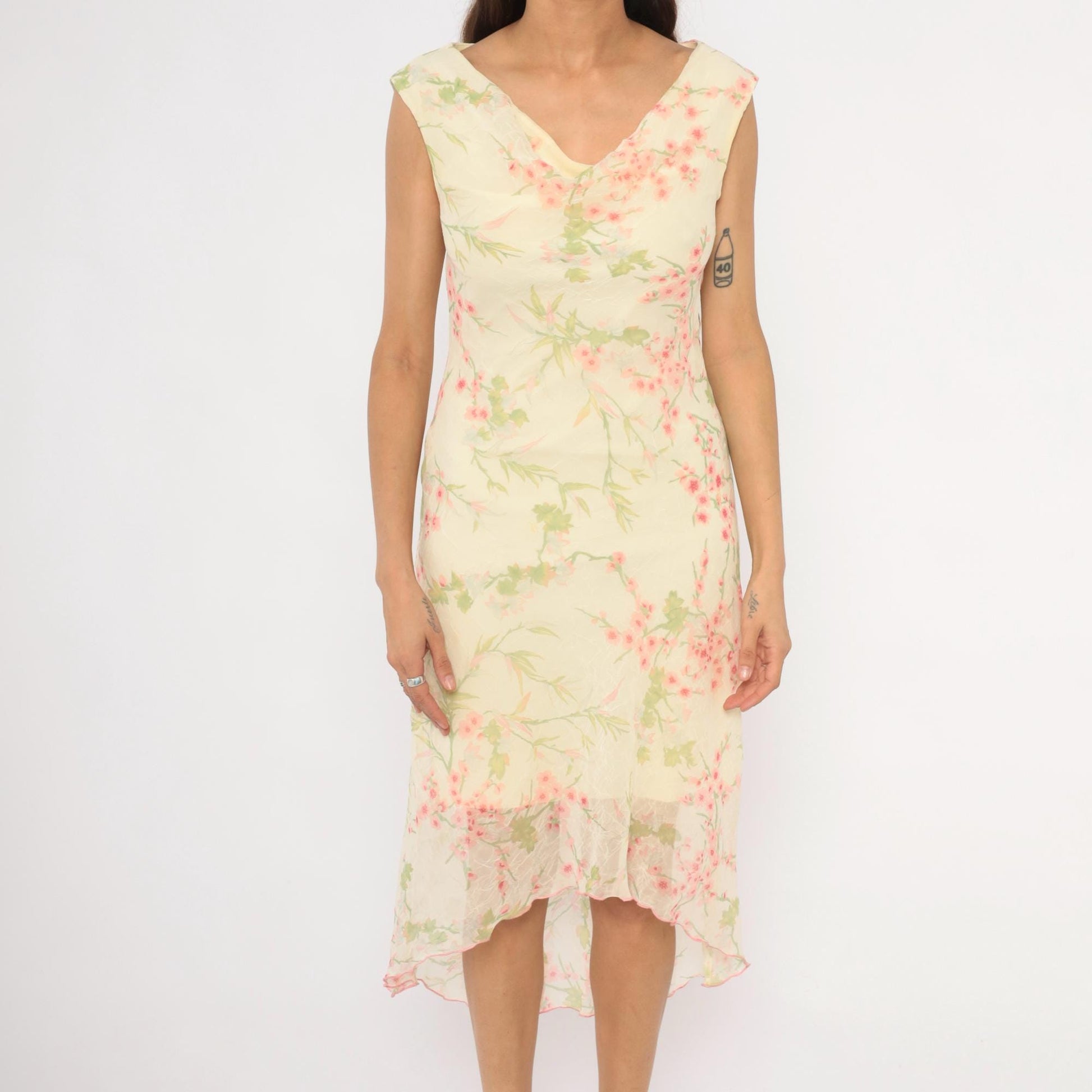 90s City Triangles Cherry Blossom Chiffon Dress Pink Cream Medium M
