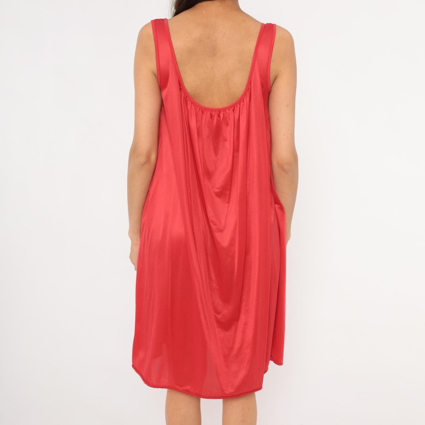 80s Eve Moral Red Satin Nightgown Scoop Neck Knee Length Medium M