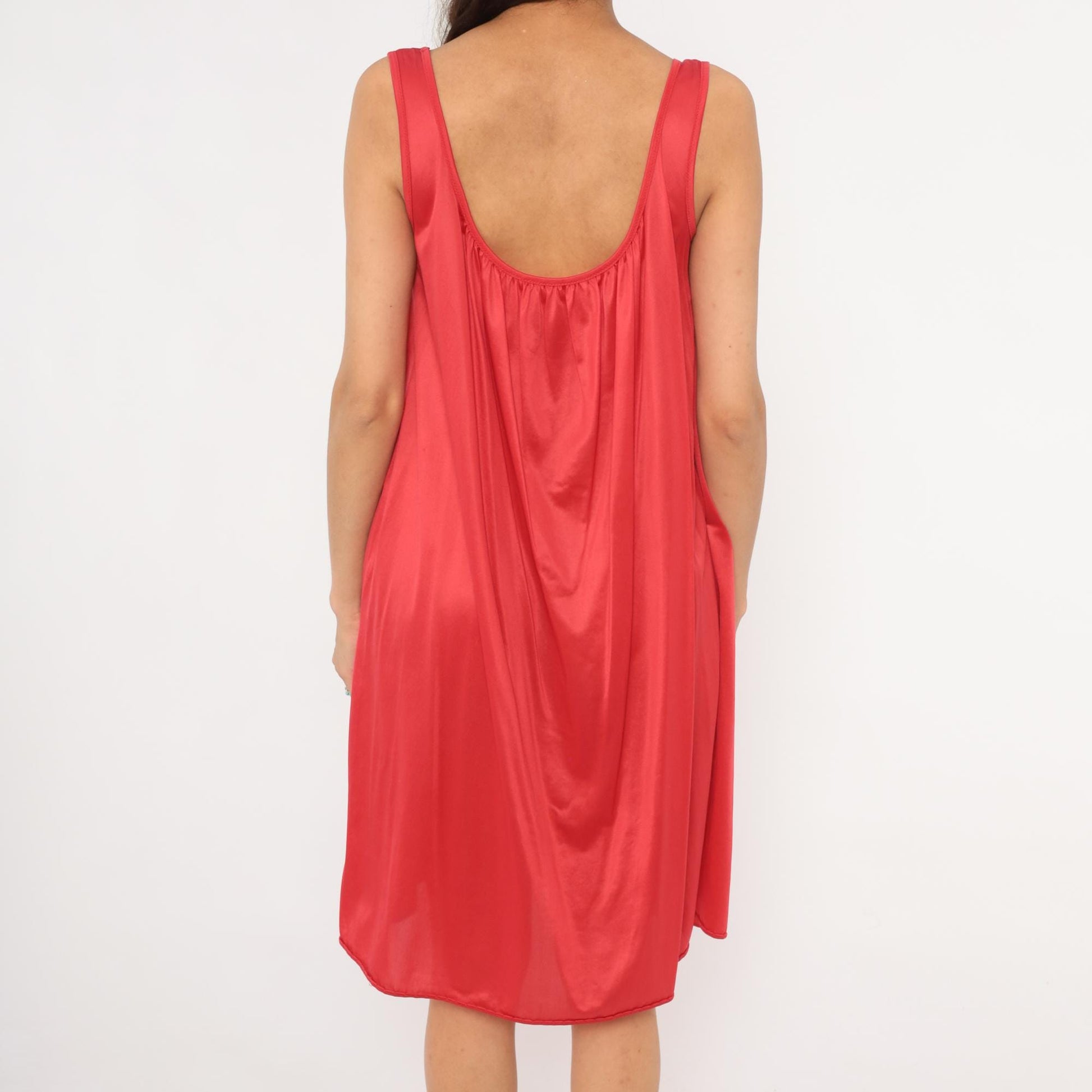 80s Eve Moral Red Satin Nightgown Scoop Neck Knee Length Medium M