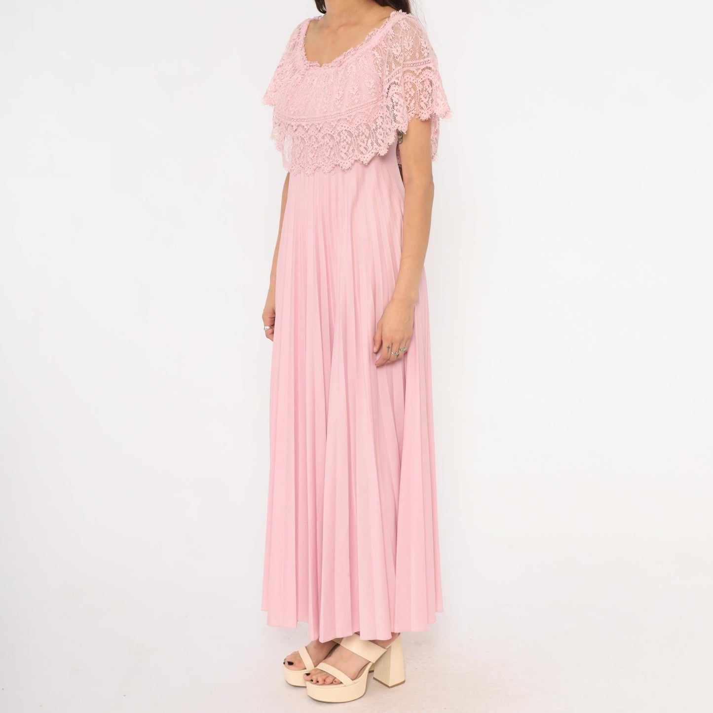 70s Pink Lace Cape Maxi Dress Scalloped Flutter Sleeve Accordion Pleated Small S