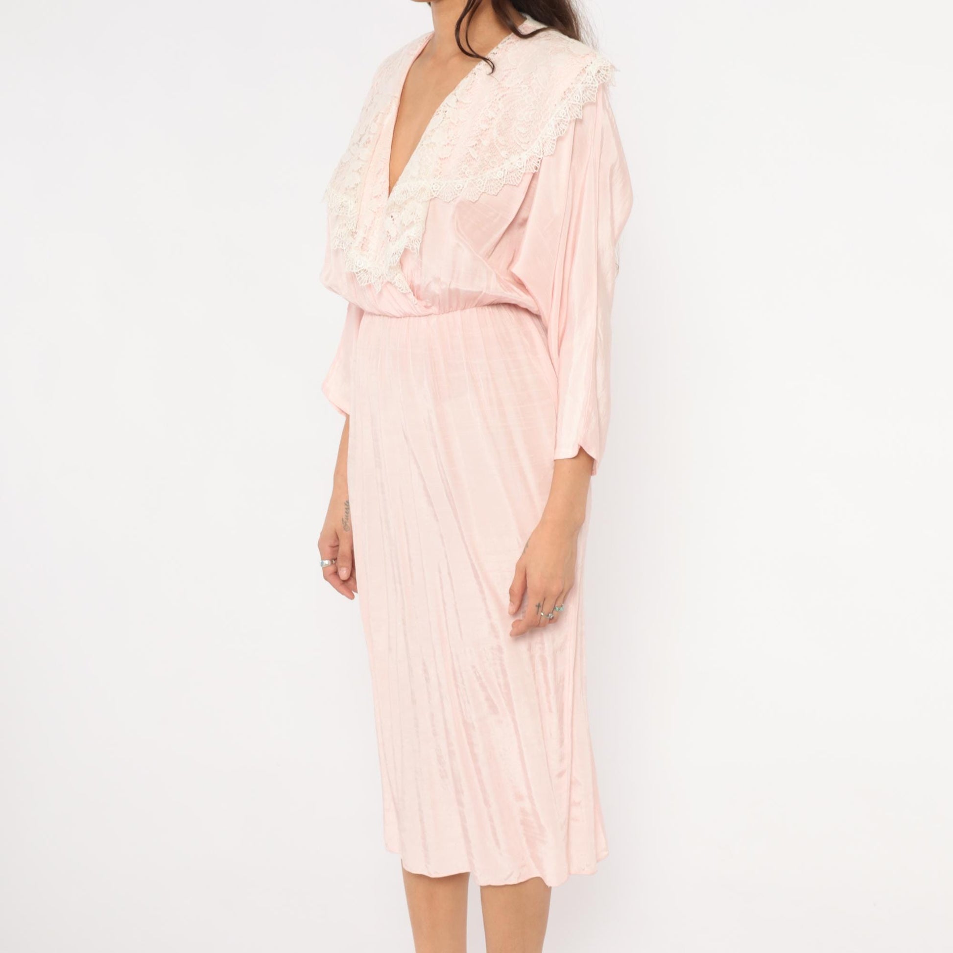 80s DQ Fashions Blush Pink Midi Dress Lace Collar V-Neck Small S