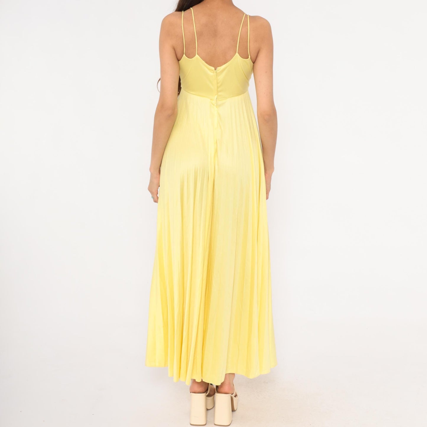 70s Yellow Pleated Maxi Dress Empire Waist Accordion Pleat Surplice Small
