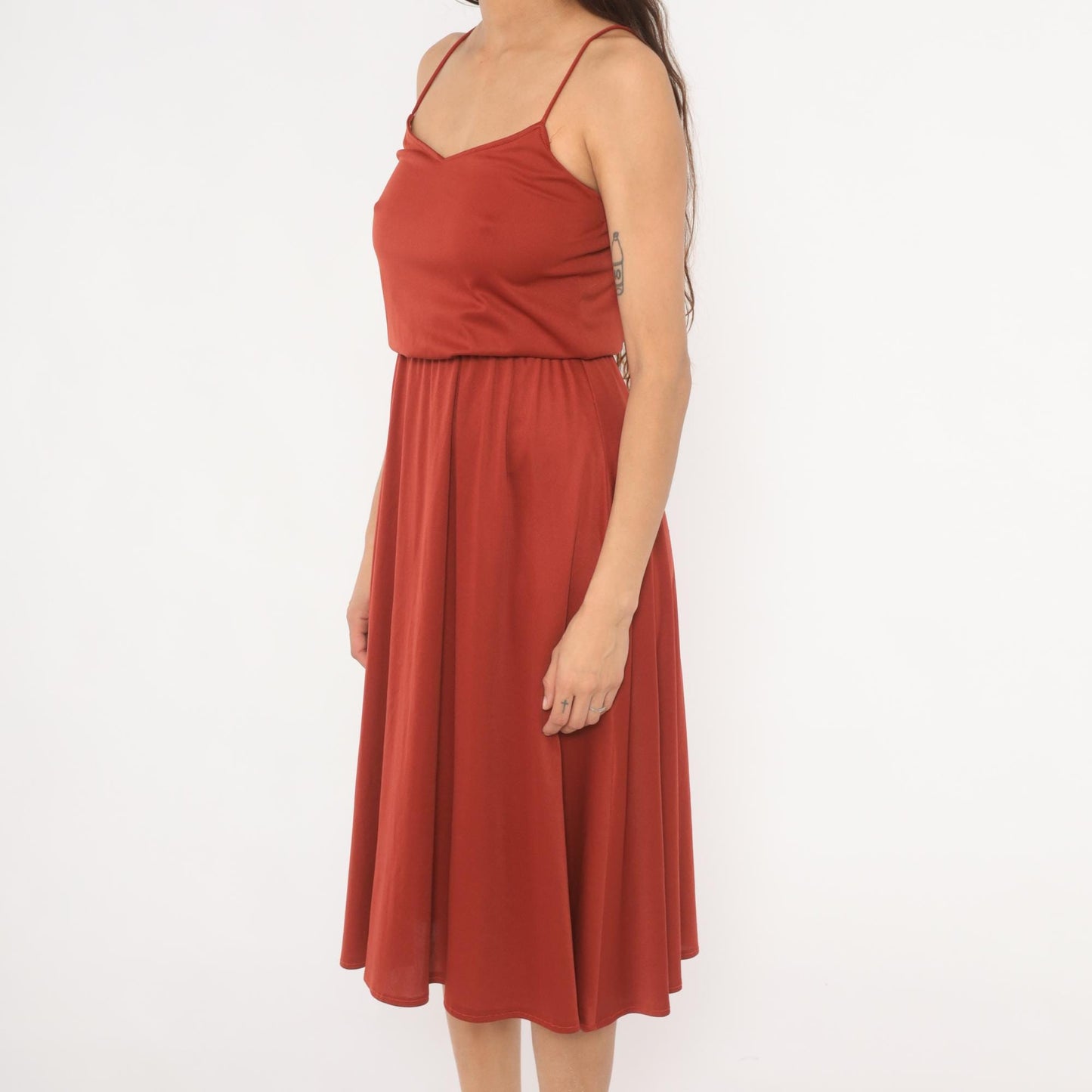 70s Niki Rust Midi Sundress V Neck Blouson Waist Flared Skirt Extra Small XS