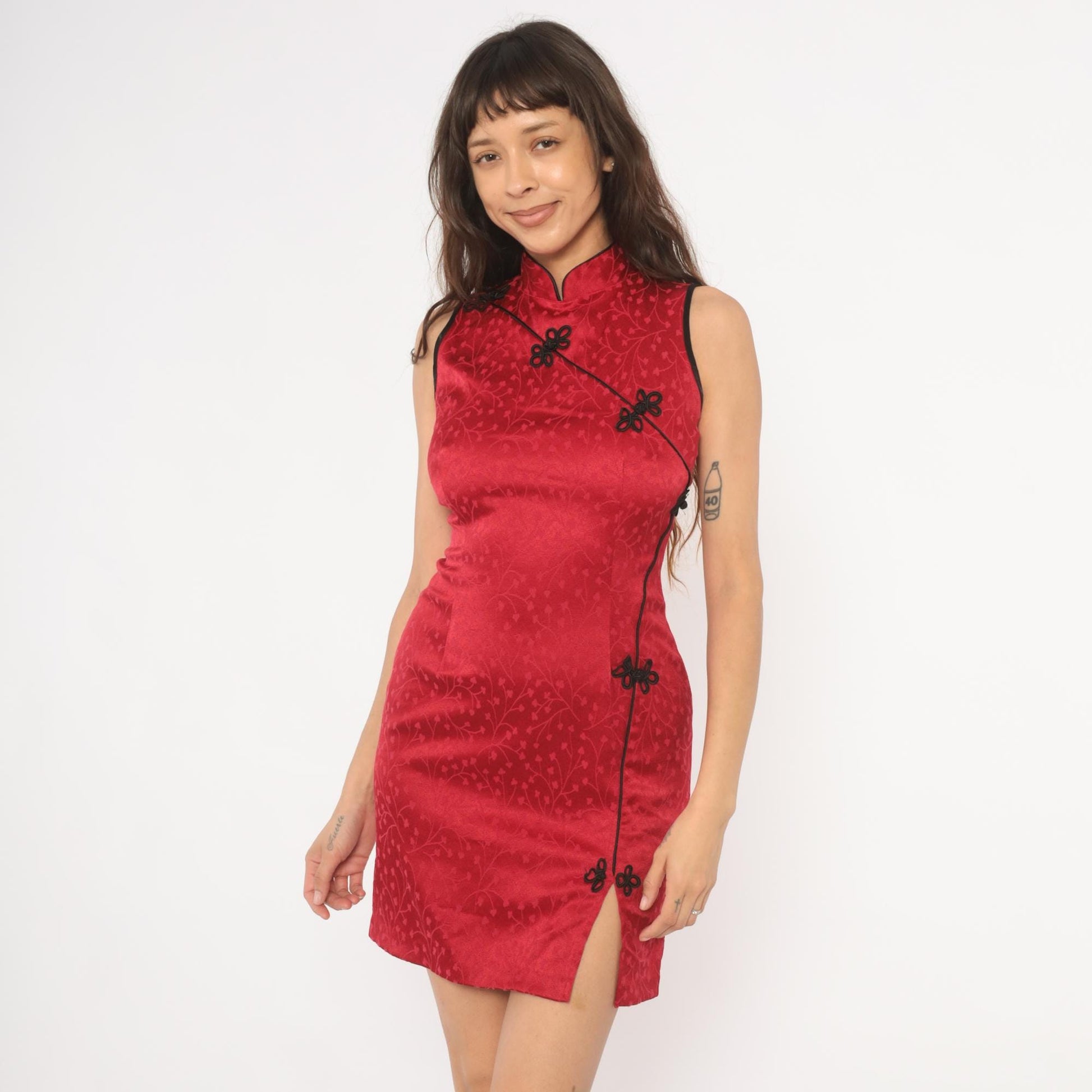 2000s Sabora Red Cheongsam Mini Dress Mandarin Collar Frog Button Satin Jacquard Extra Small XS