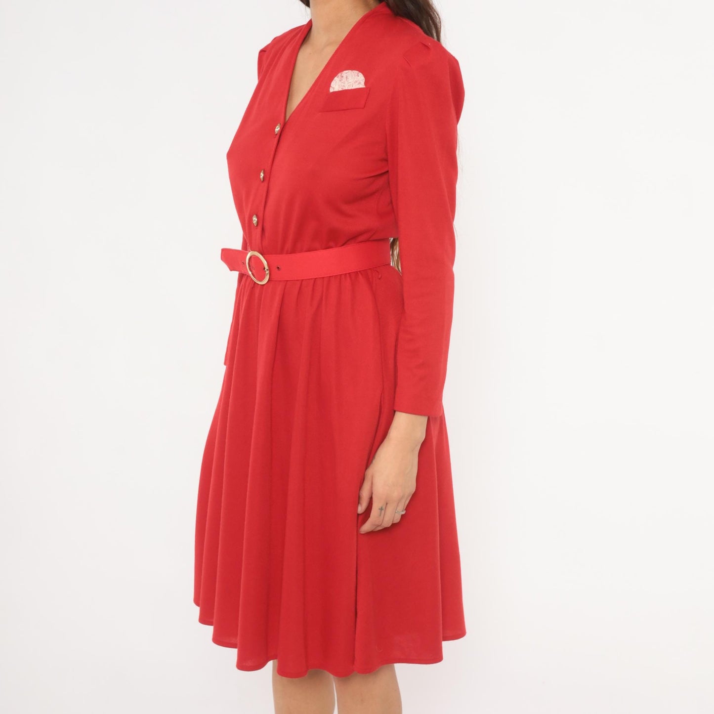 80s Tabby of California Red Day Dress Puff Sleeve V-Neck Gold Buttons Small S