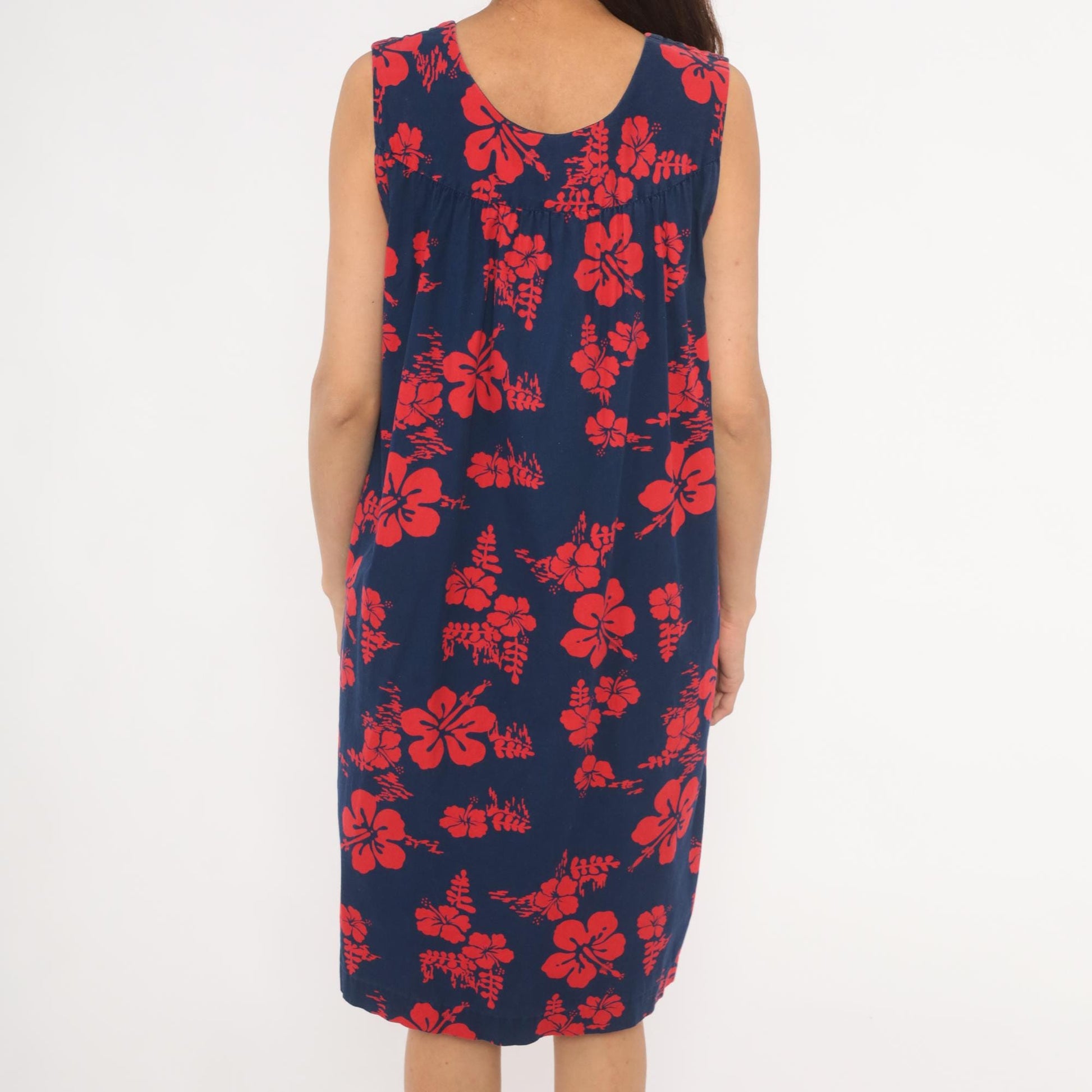 80s Ui-Makai Hawaiian Hibiscus Dress Navy Blue Red Floral Sleeveless Small