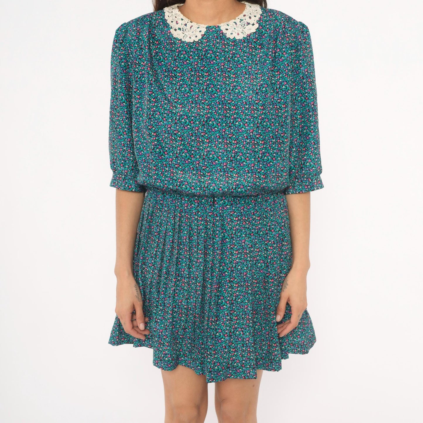 80s Brelli Originals Ditsy Floral Mini Dress Puff Sleeve Peter Pan Collar Large L