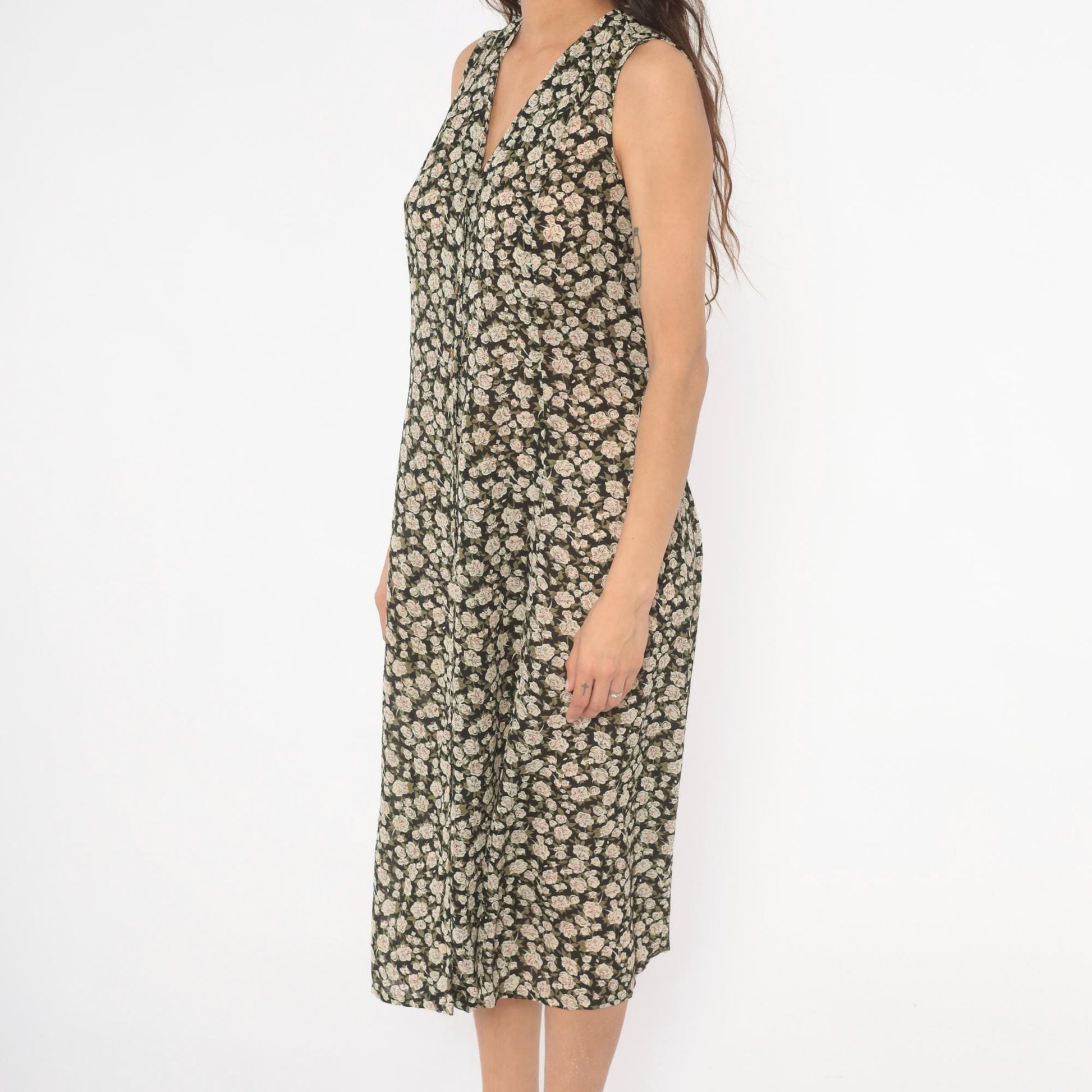 90s Express Floral Midi Dress V-Neck Black Cream Rose Print Size 9