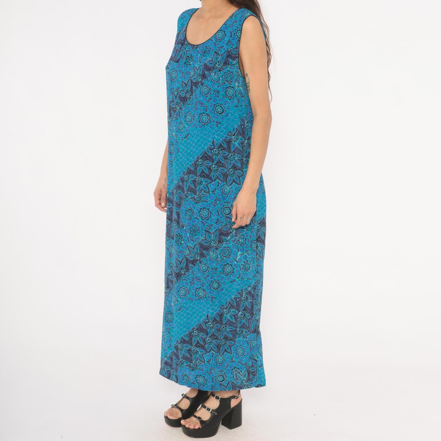 90s Sarah Elizabeth Batik Floral Maxi Dress Teal Navy Scoop Neck Tank Extra Large XL