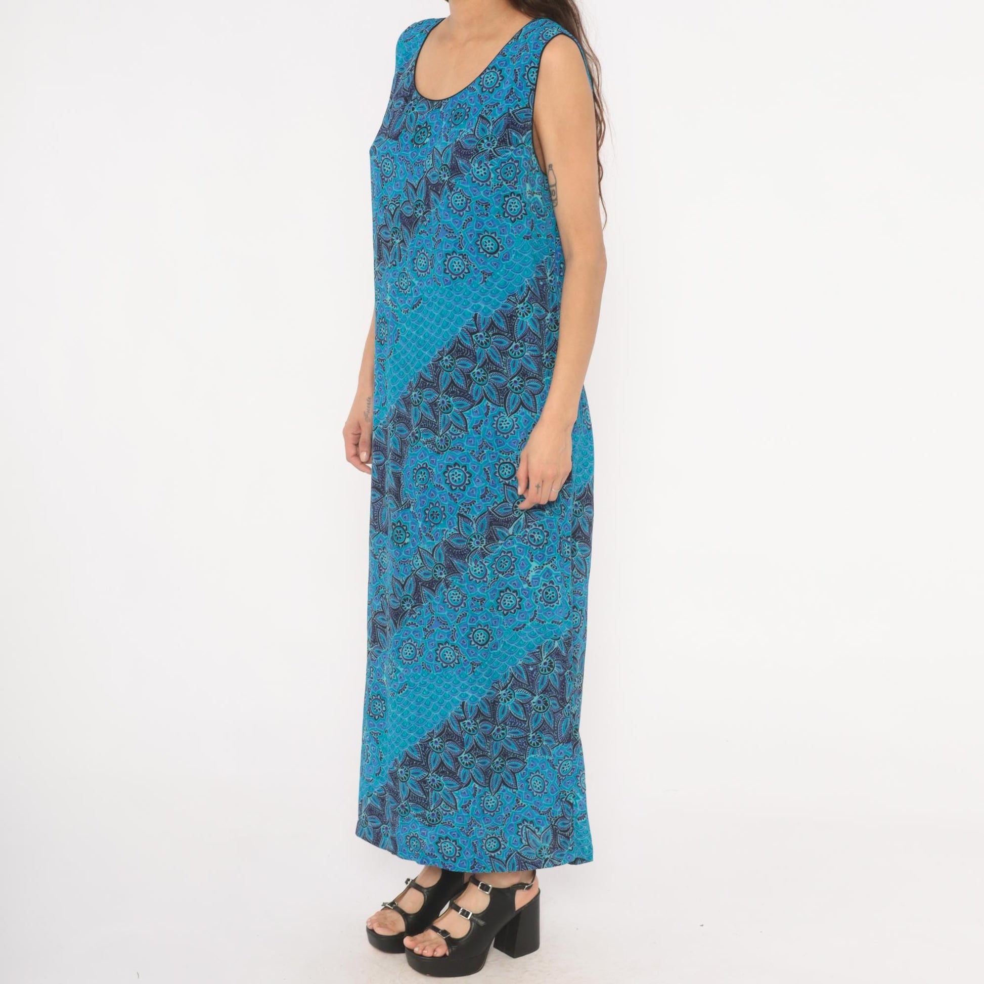 90s Sarah Elizabeth Batik Floral Maxi Dress Teal Navy Scoop Neck Tank Extra Large XL