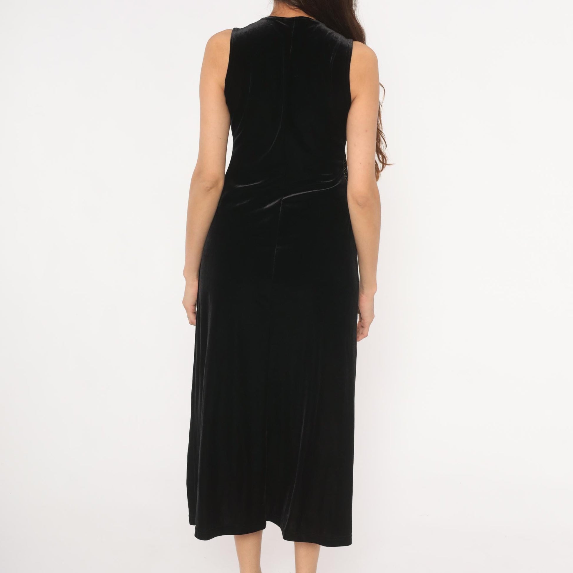 90s Ronni Nicole Black Velvet Midi Dress Silver Beaded Small S