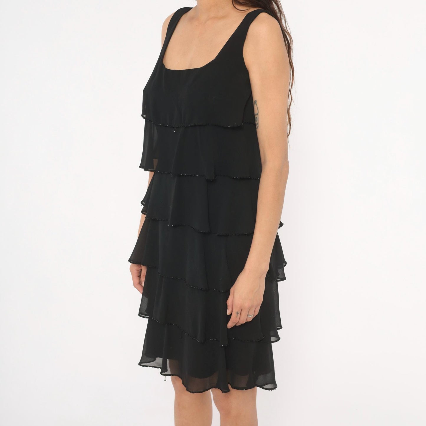 90s Patra Black Chiffon Tiered Ruffle Mini Dress Beaded Trim Medium M