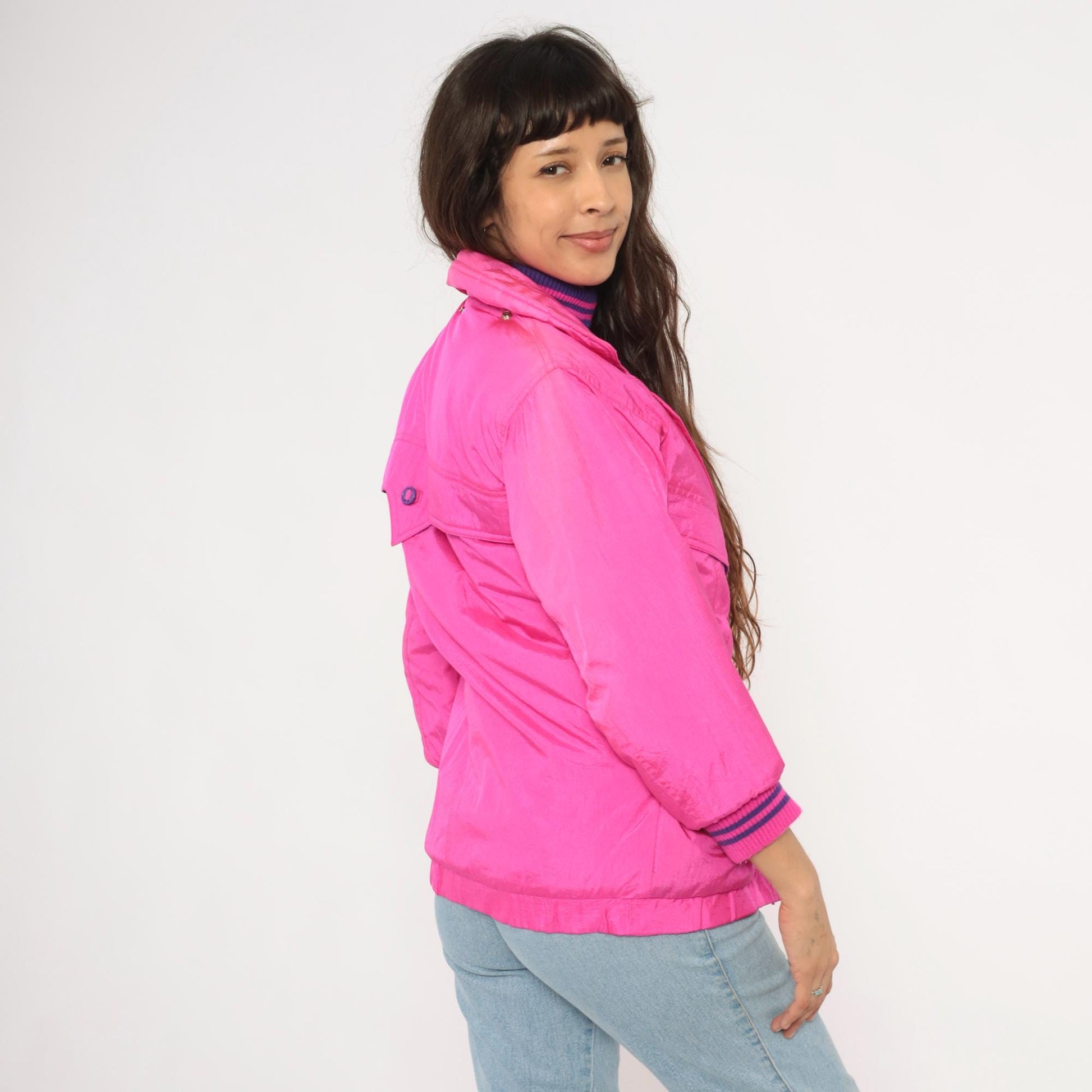 90s Survival Club Hot Pink Nylon Windbreaker Double Breasted Purple Lined XS
