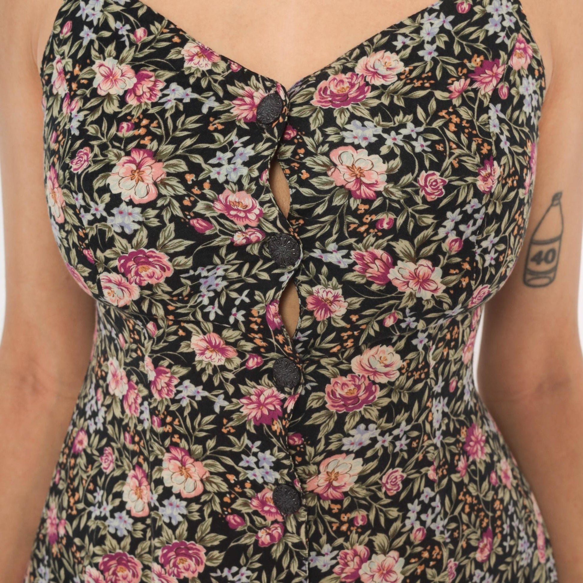 90s Black Floral Mini Sundress Pink Roses Lace-Up Back Spaghetti Strap Extra Small XS