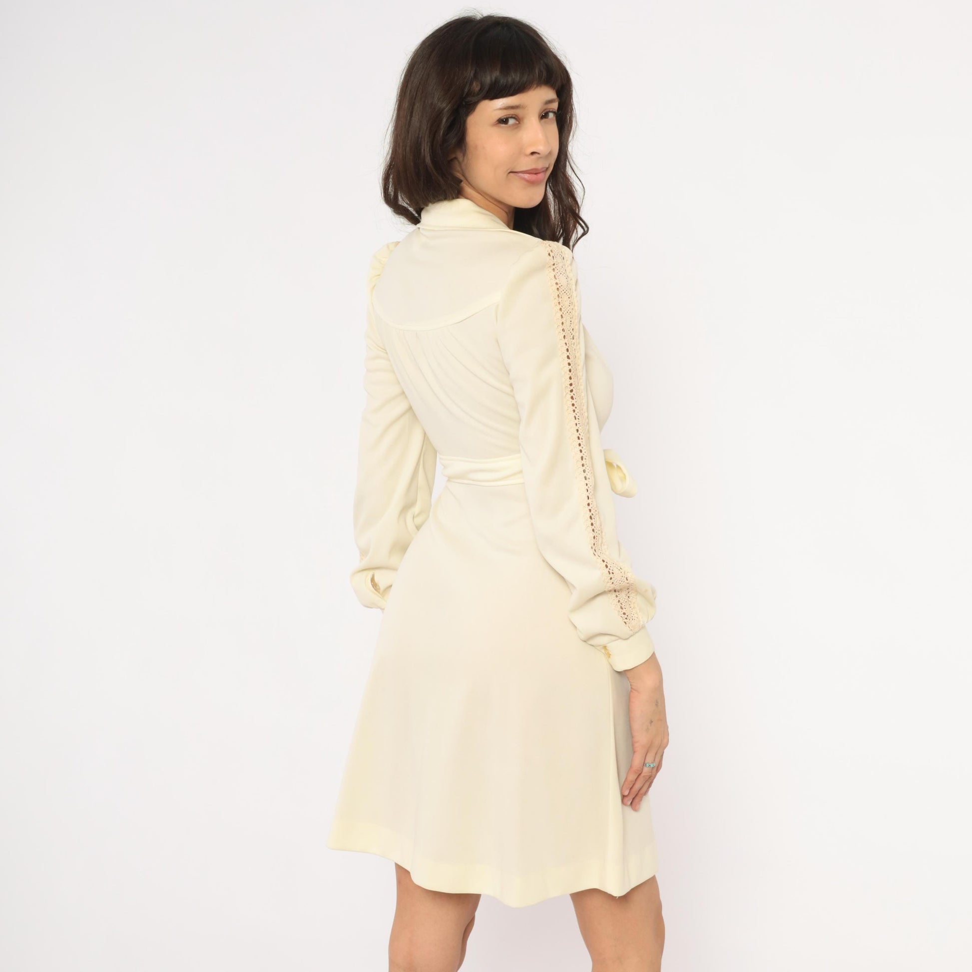 70s Cream Zip-Front Mini Dress Bishop Sleeve Crochet Lace Small S