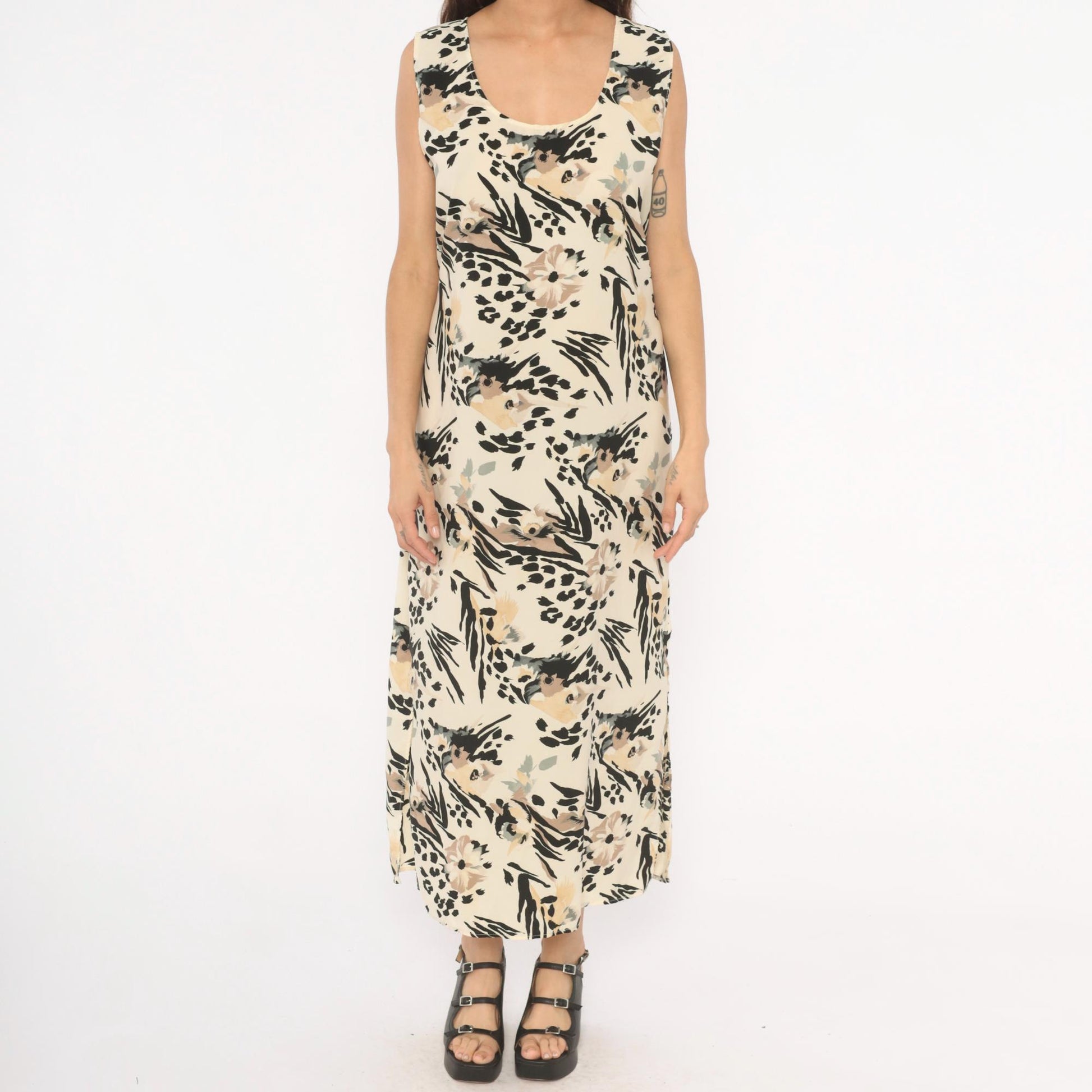 90s Ann Mali Maxi Dress Cream Black Animal Print Tie Back Large L
