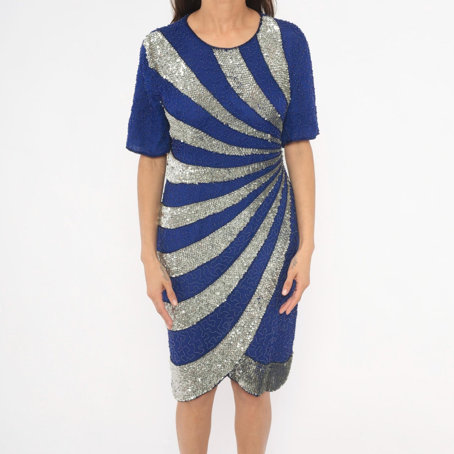 80s Stenay Cobalt Blue Silver Sequin Silk Cocktail Dress Keyhole Back Medium M