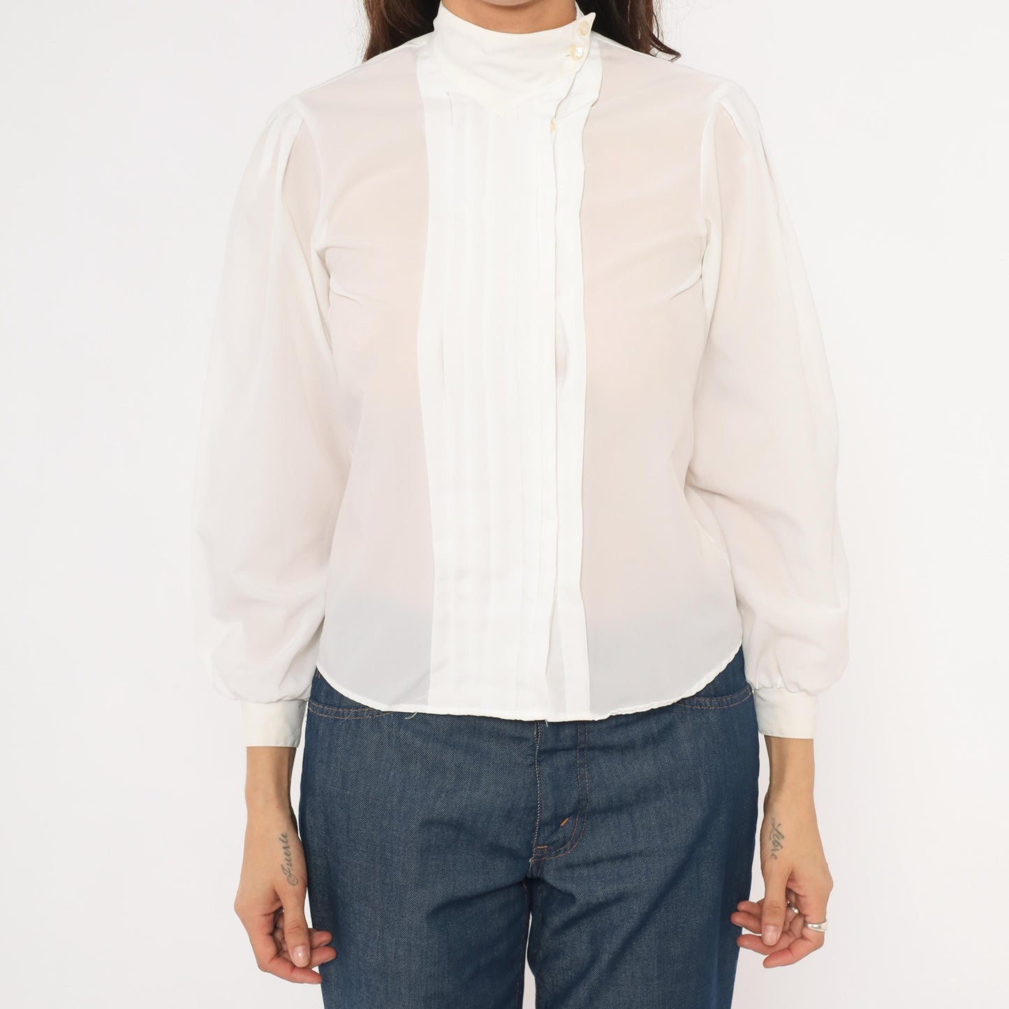 80s Kanga Sport White Pintuck Blouse Puff Sleeve High Collar Small S