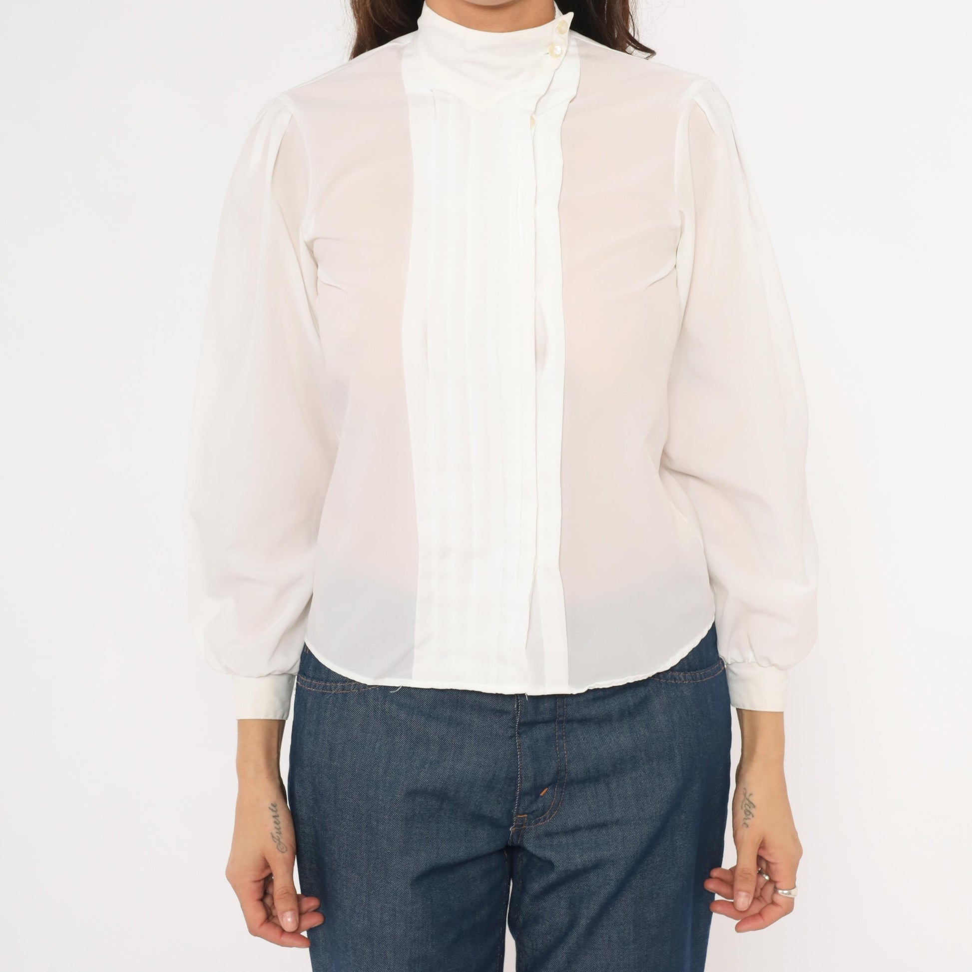 80s Kanga Sport White Pintuck Blouse Puff Sleeve High Collar Small S