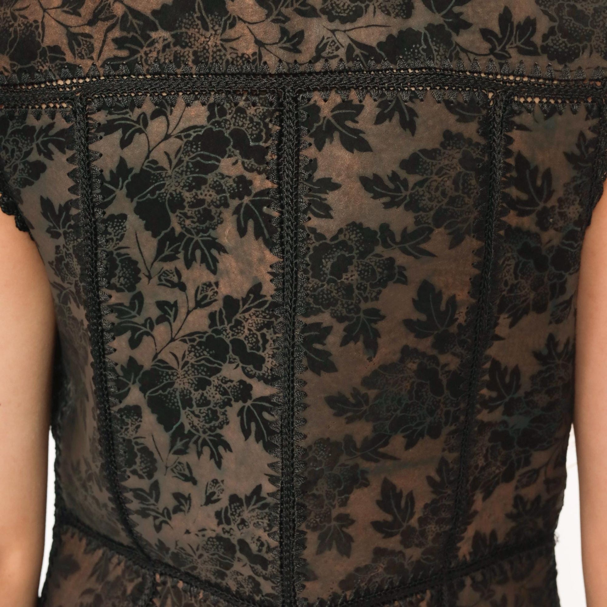 90s Reversible Black Suede Lace Vest Floral Crochet Trim Medium M