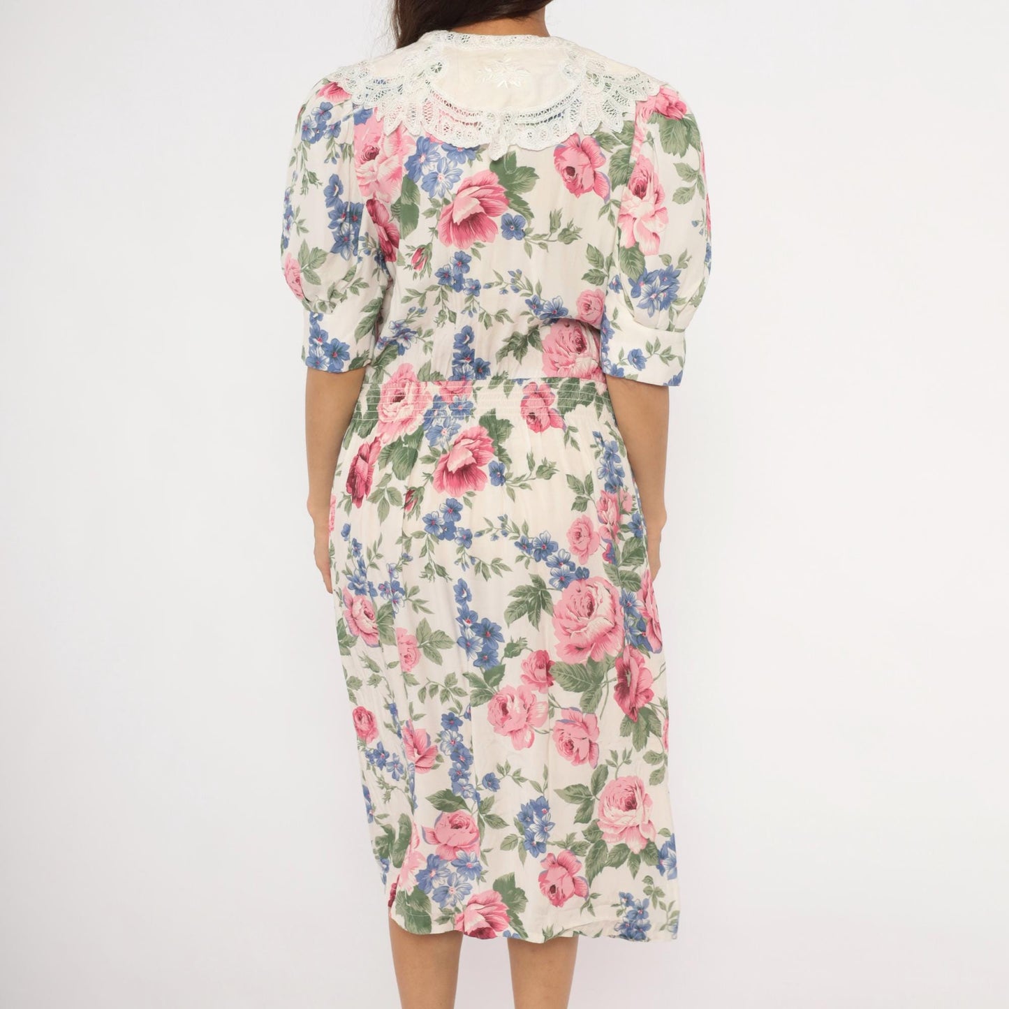 90s Karin Stevens Floral Midi Dress Lace Collar Puff Sleeve Pink Rose Large L