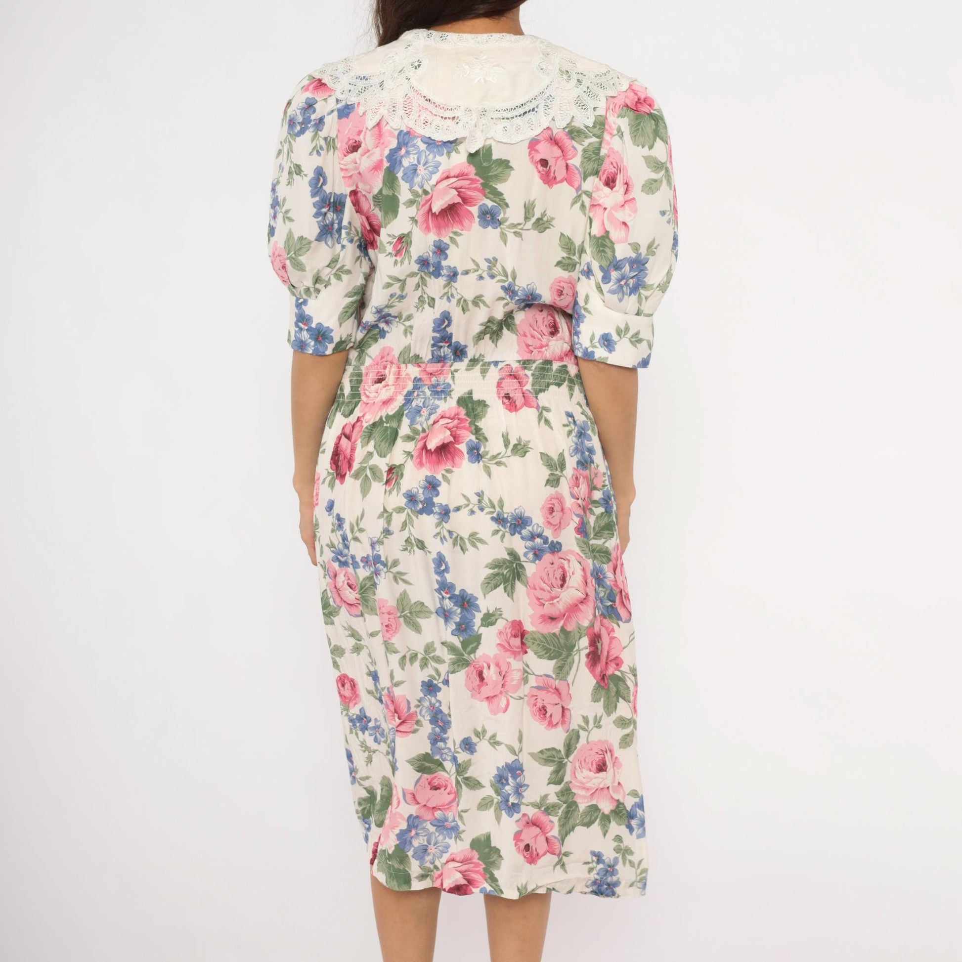 90s Karin Stevens Floral Midi Dress Lace Collar Puff Sleeve Pink Rose Large L