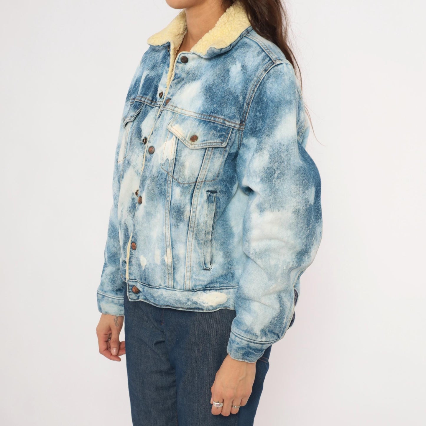 90s Silver Spur Western Acid Wash Denim Jacket Sherpa Lined Small