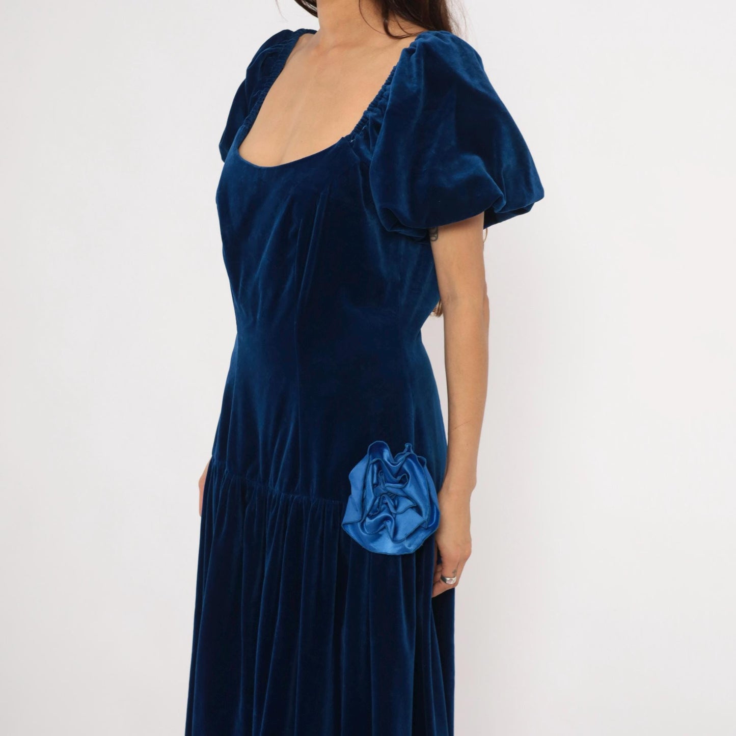80s Bianchi Navy Velvet Maxi Gown Puff Sleeve Drop Waist Rosette Large L