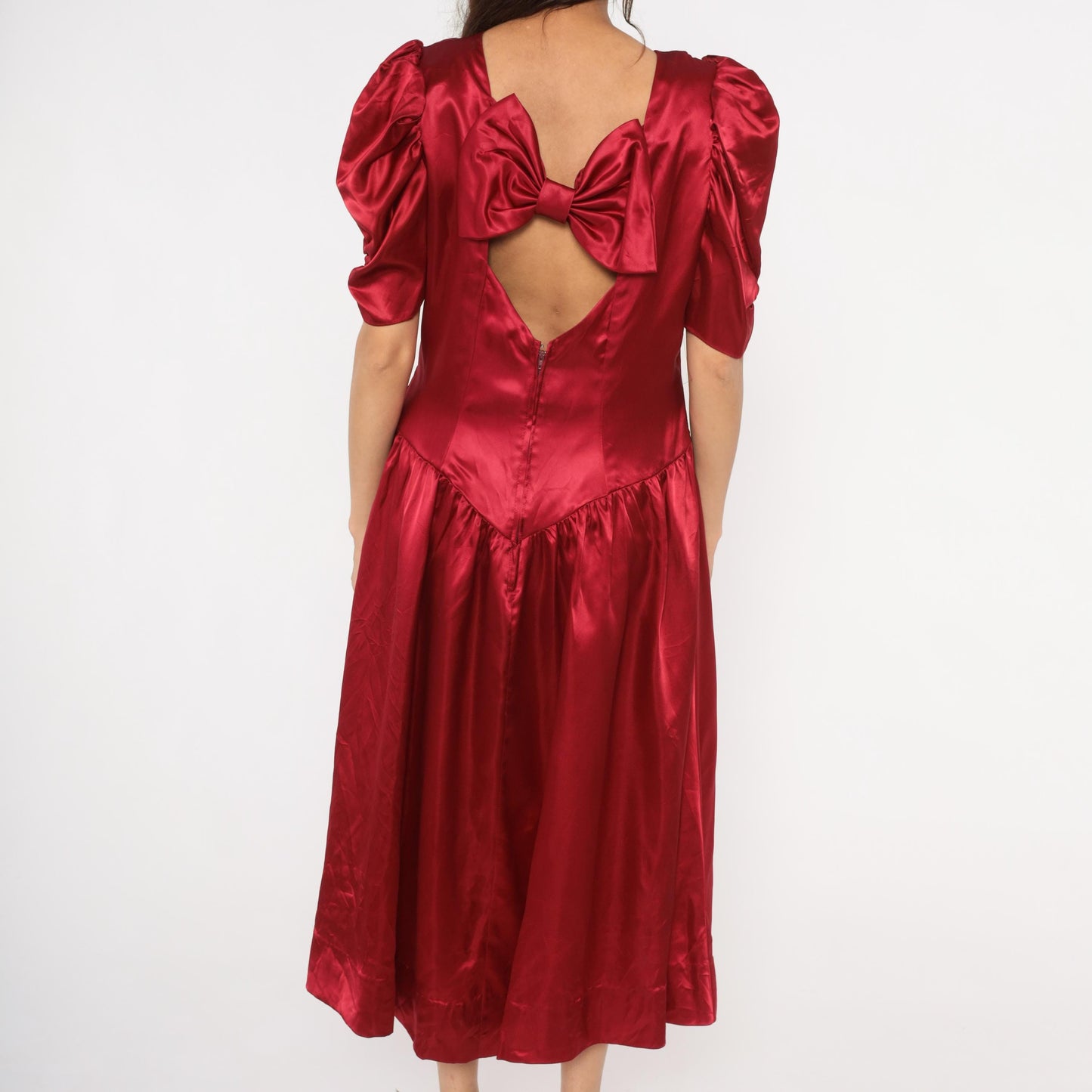 80s Burgundy Satin Midi Dress Puff Sleeve Sweetheart Neckline Bow Back Large L