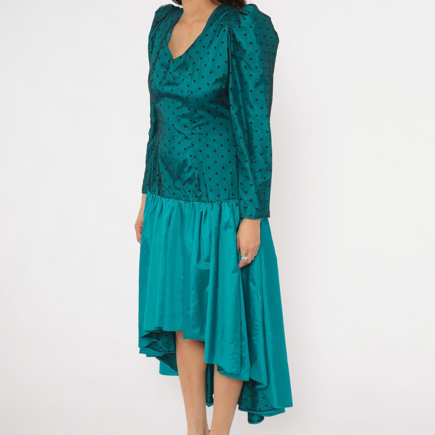 80s Milt Russell Original Teal Polka Dot Puff Sleeve Gown High-Low Medium M