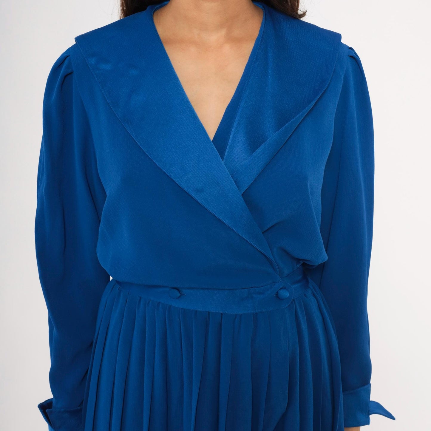 90s Petites for Maggy Cobalt Wrap Dress Puff Sleeve Pleated Knee-Length Medium