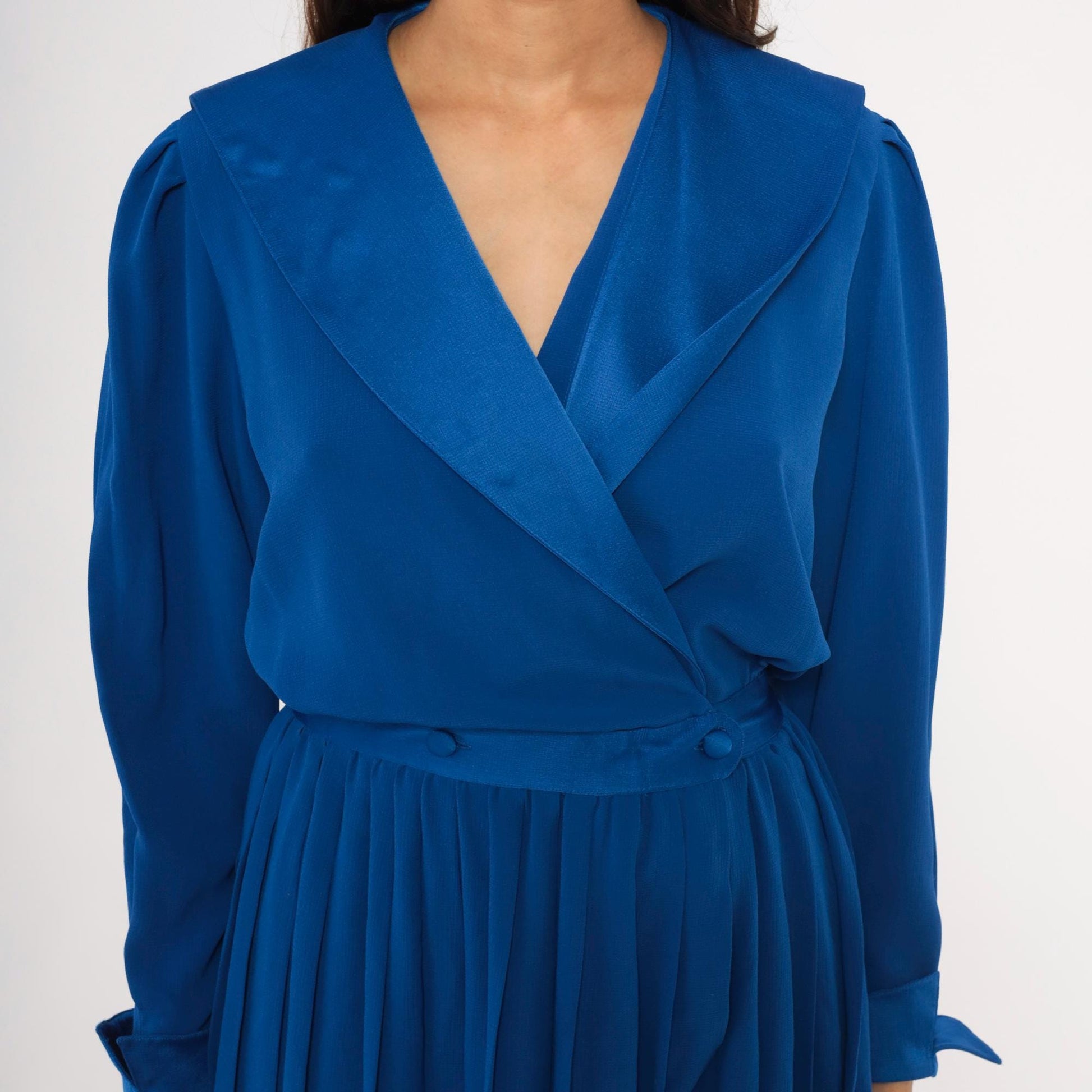 90s Petites for Maggy Cobalt Wrap Dress Puff Sleeve Pleated Knee-Length Medium