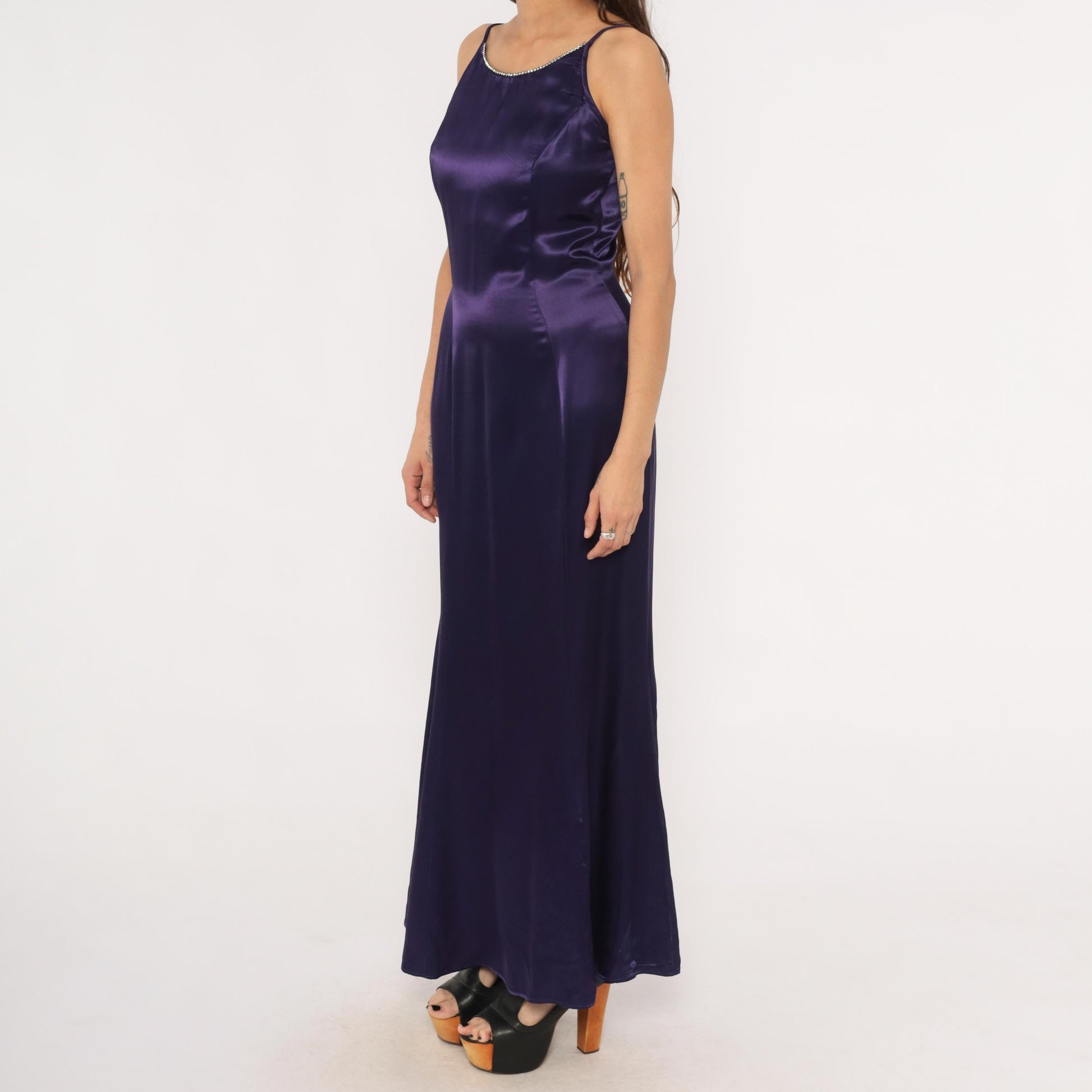 90s Jessica McClintock Gunne Sax Purple Satin Maxi Gown Rhinestone Small S