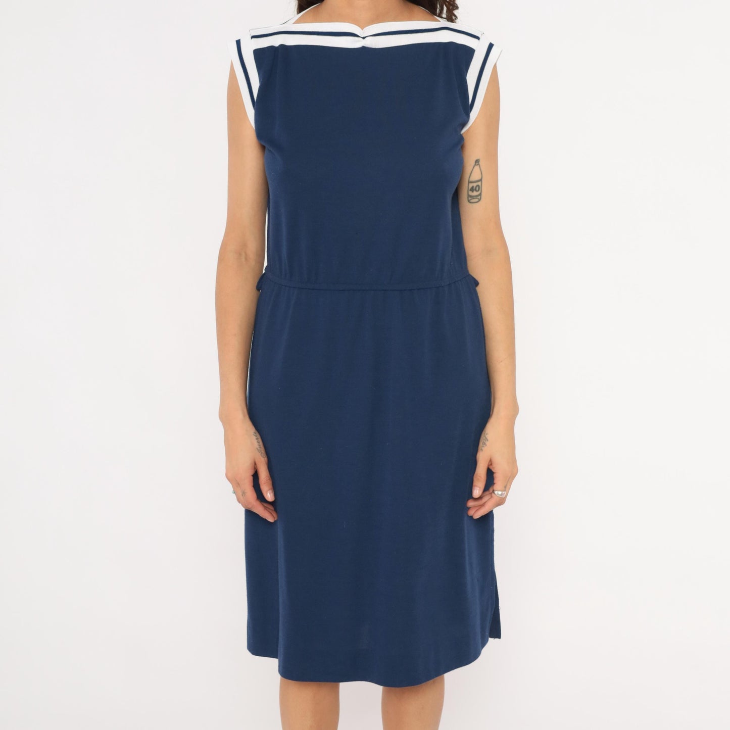 80s Navy Sailor Collar Dress Knee Length White Stripe Trim Cap Sleeve Large L