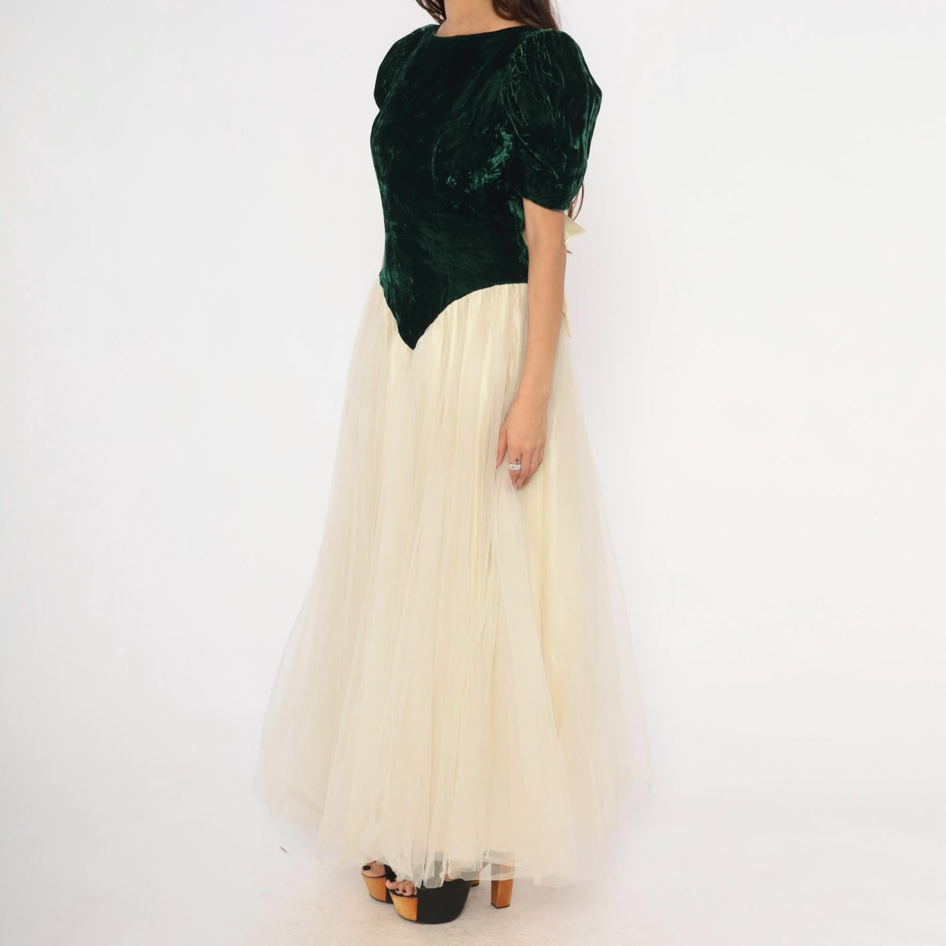 80s Emerald Velvet Puff Sleeve Gown Cream Tulle Skirt Basque Waist Medium M