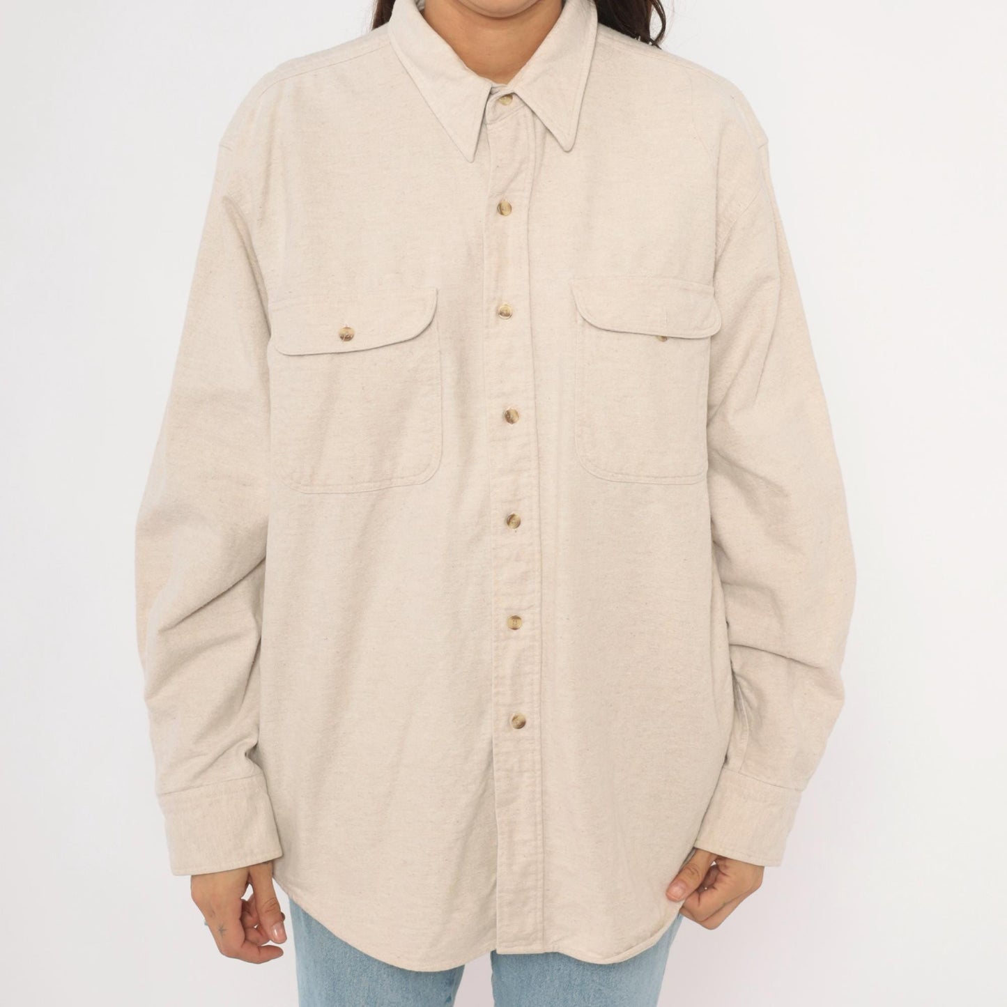 90s Appalachian Trail Flannel Button-Up Shirt Cream Cotton Unisex Extra Large XL