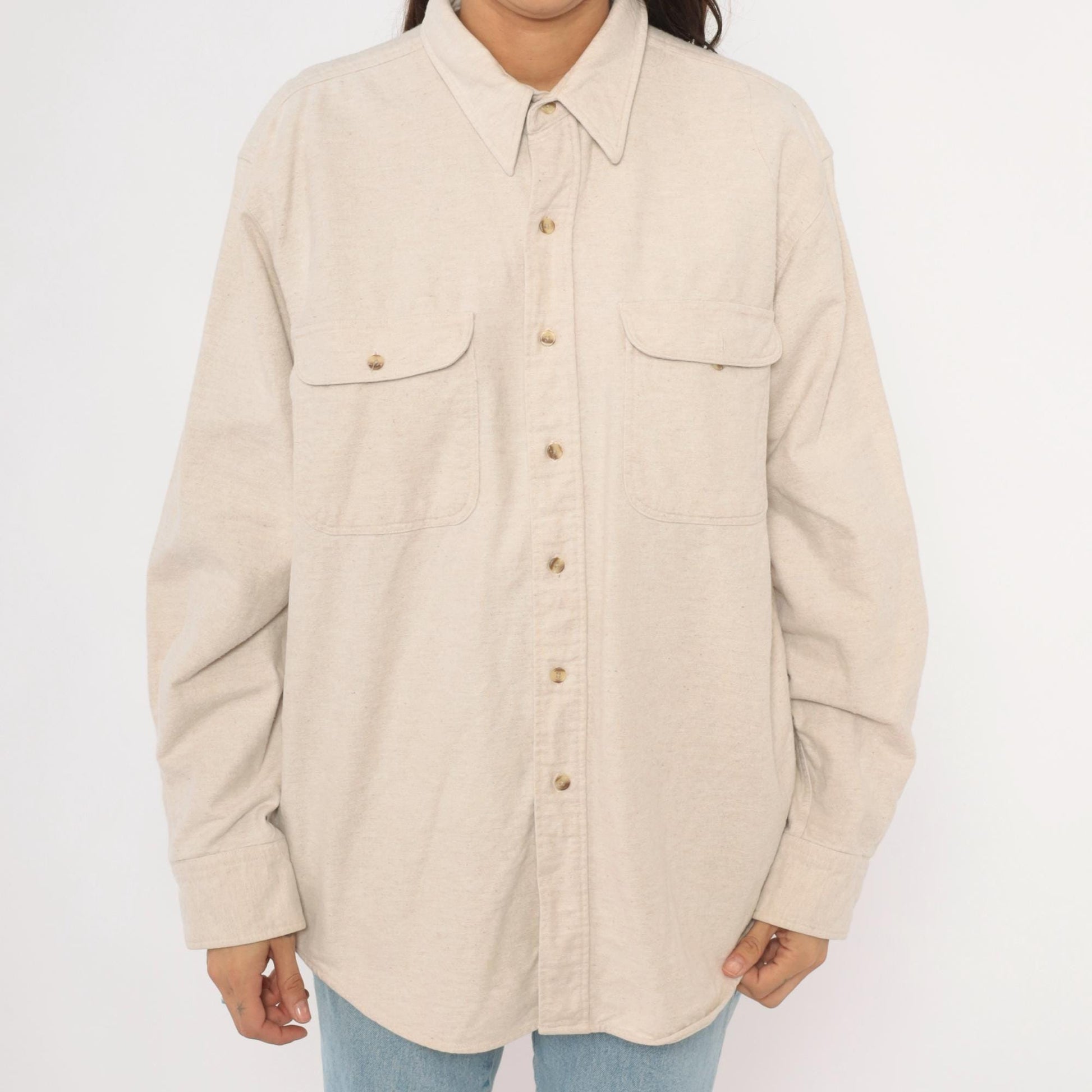 90s Appalachian Trail Flannel Button-Up Shirt Cream Cotton Unisex Extra Large XL