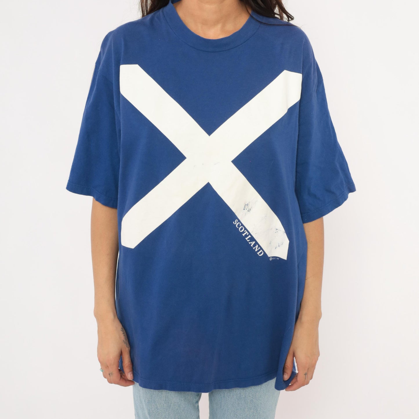 90s Scotland Saltire Flag Graphic Tee Jerzees Cobalt Blue Cotton Extra Large XL