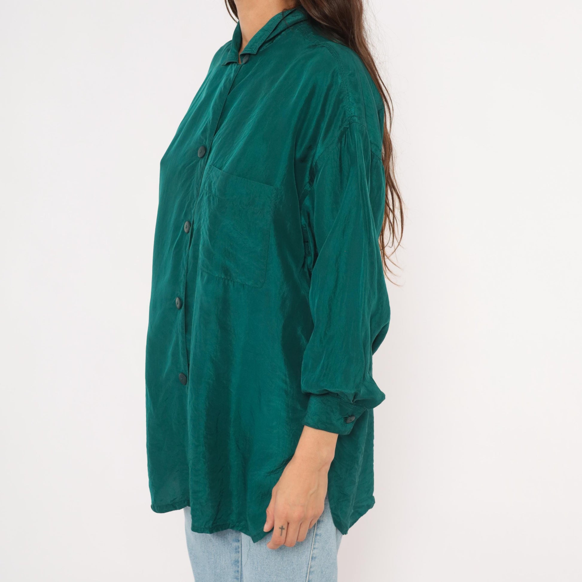 90s The Limited Teal Silk Button Shirt Camp Collar Balloon Sleeve Small