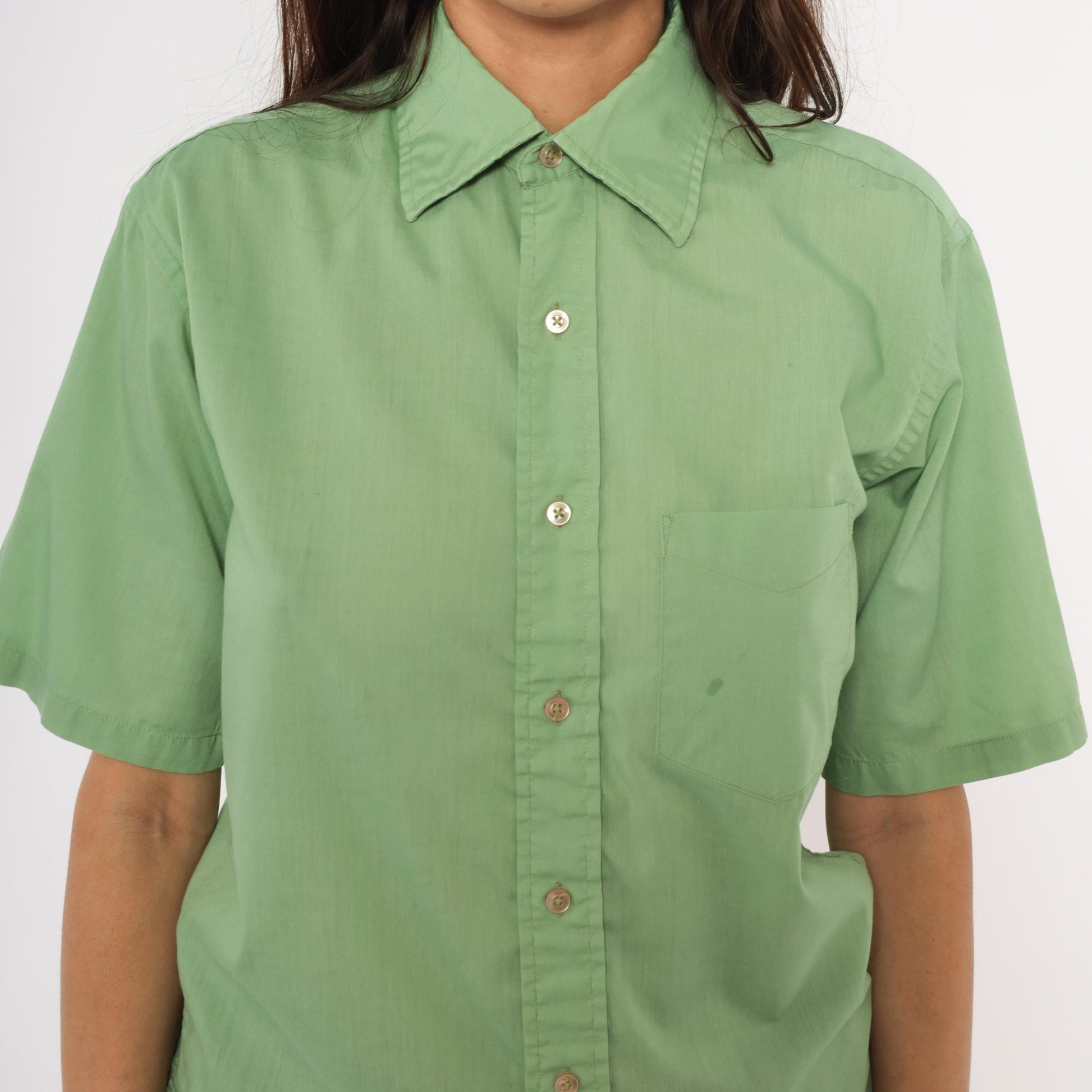 70s Mossini Sage Green Button Down Shirt Short Sleeve Pointed Collar Small