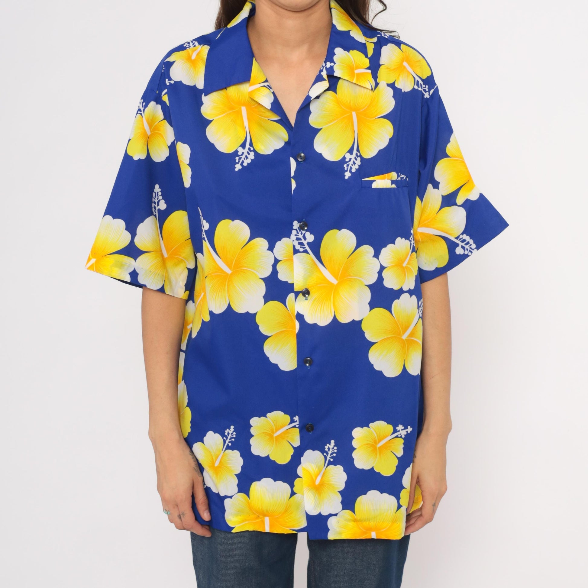 90s Hilo Hatties Hawaiian Hibiscus Shirt Cobalt Blue Yellow Camp Collar Extra Large XL