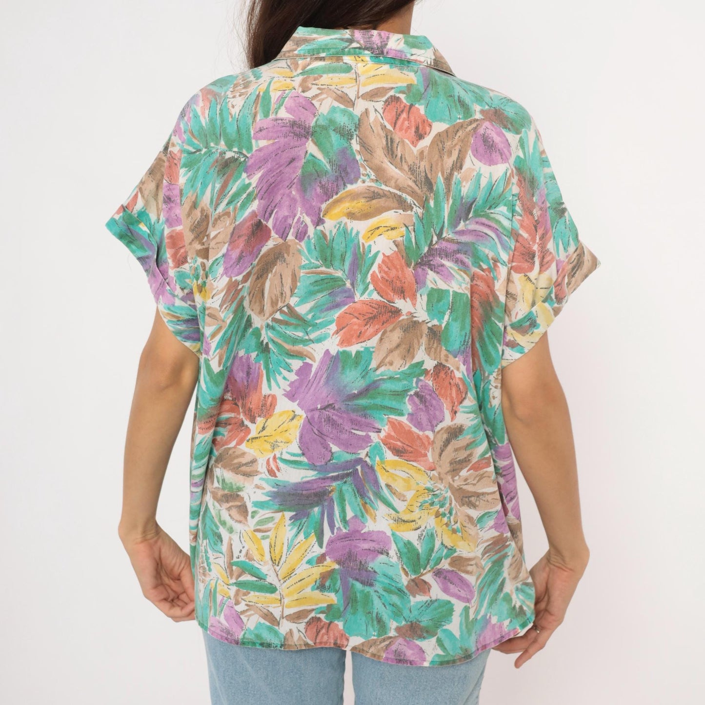 90s Cabrais Tropical Leaf Print Camp Collar Shirt Teal Purple Coral Plus Size XXL