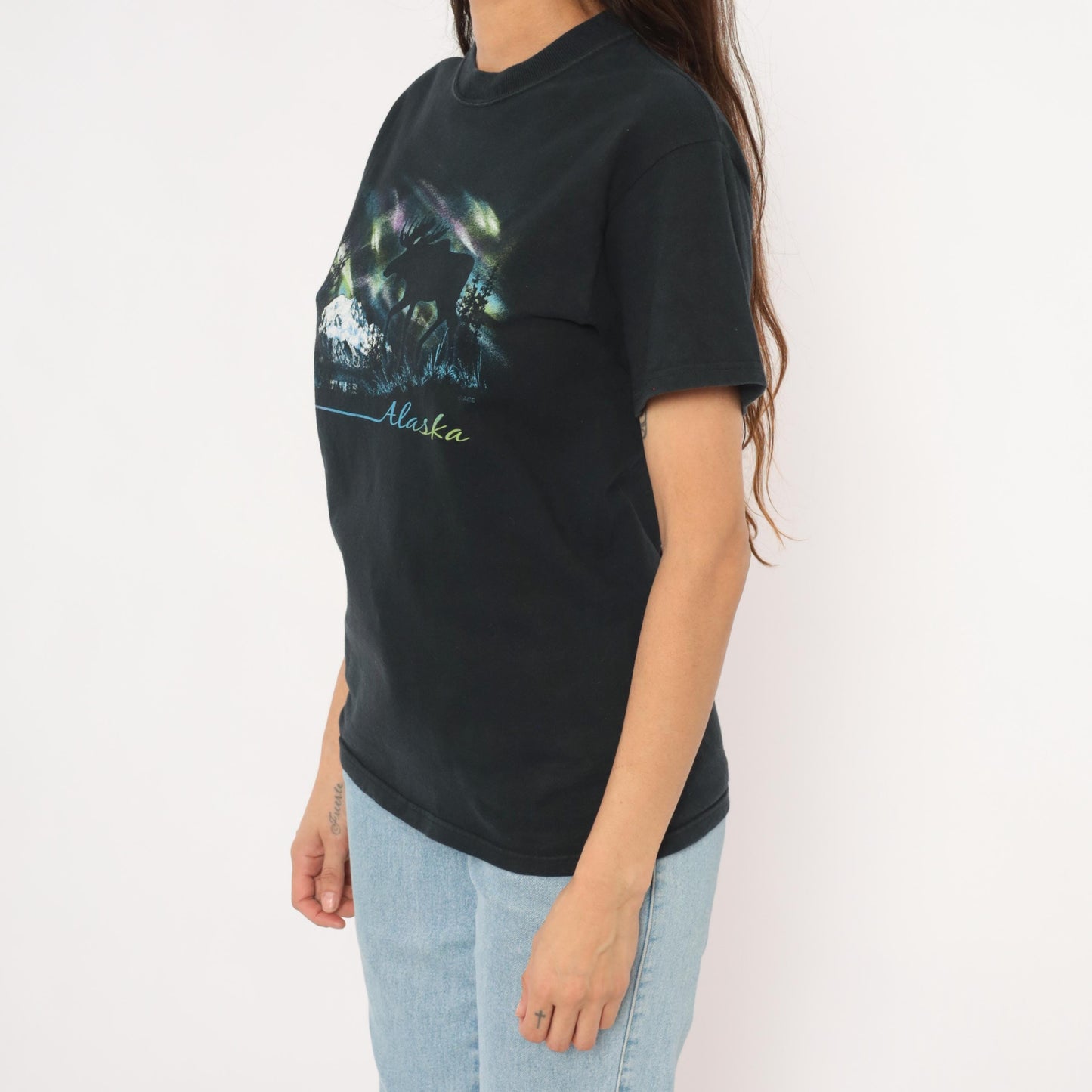 Y2K Alaska Moose Aurora Borealis Graphic Tee Black Cotton Small S